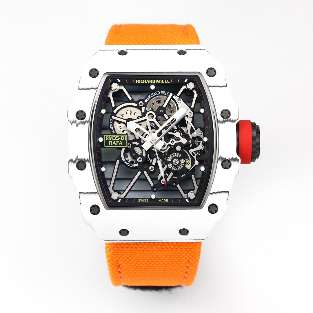Richard Mille RM 35-01 Automatic Skeleton Watch (White Titanium Case, Orange Fabric Strap)