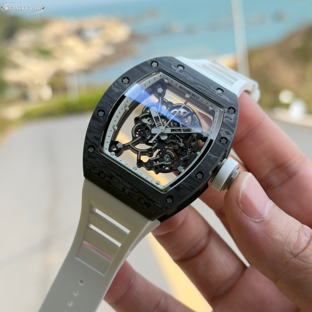 Richard Mille Skeleton Automatic Watch (Black Carbon Composite Case, White Rubber Strap)