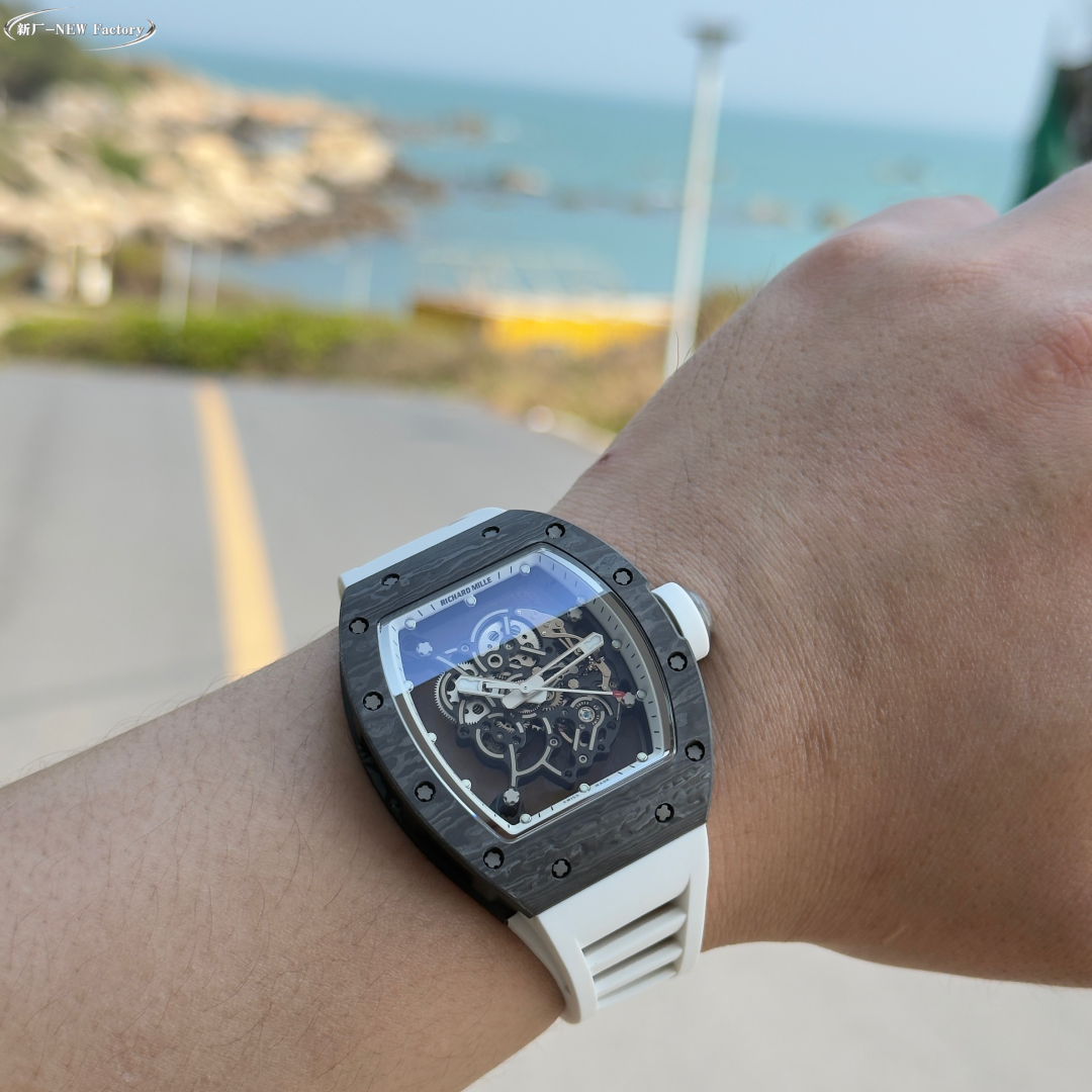Richard Mille Skeleton Automatic Watch (Black Carbon Composite Case, White Rubber Strap)