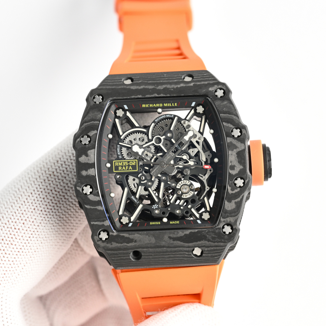 Richard Mille Skeleton Automatic Watch (Black Carbon Case, Orange Rubber Strap)