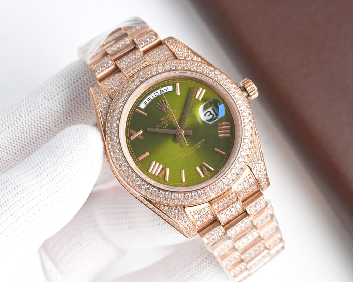 Rolex Day - Date Diamond - Encrusted Watch (18K Rose Gold, Green Dial, President Bracelet)