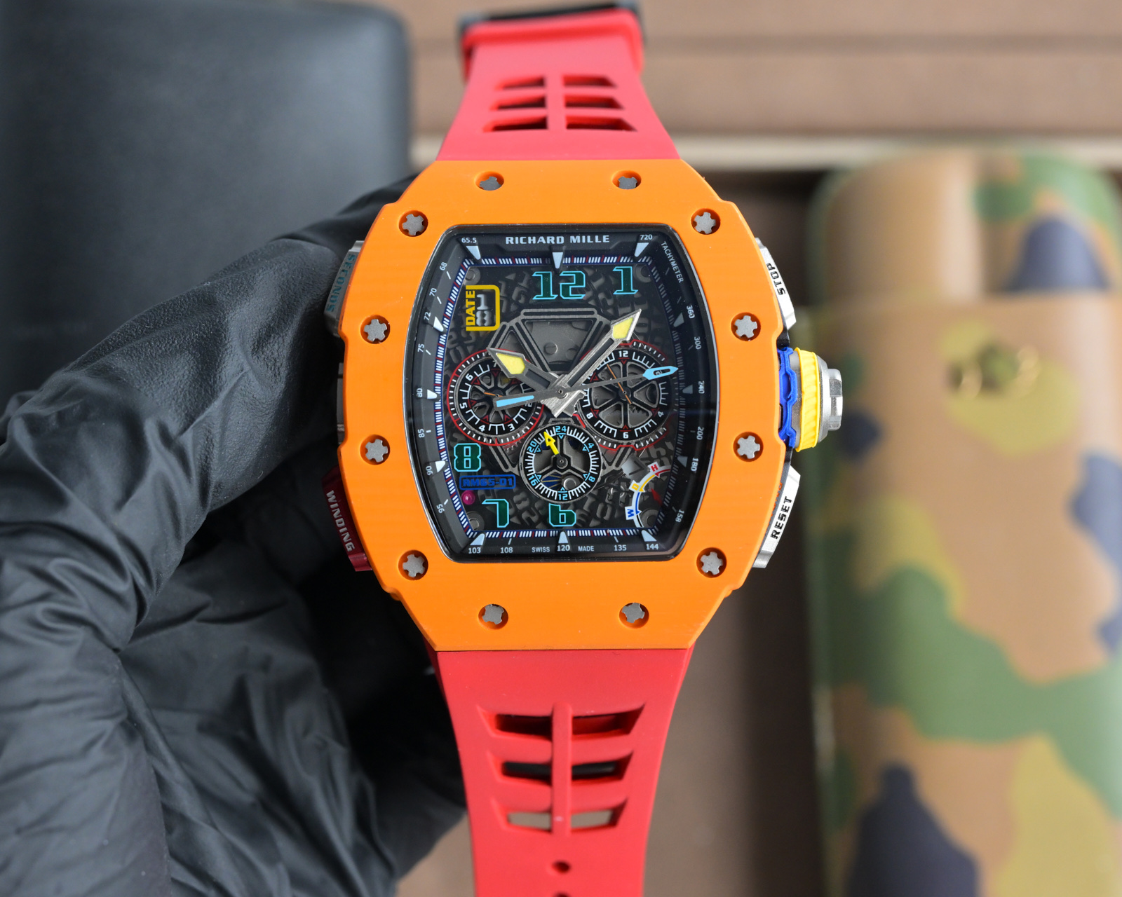 Richard Mille RM 65-01 Chronograph Watch (Orange Ceramic Case, Red Rubber Strap)