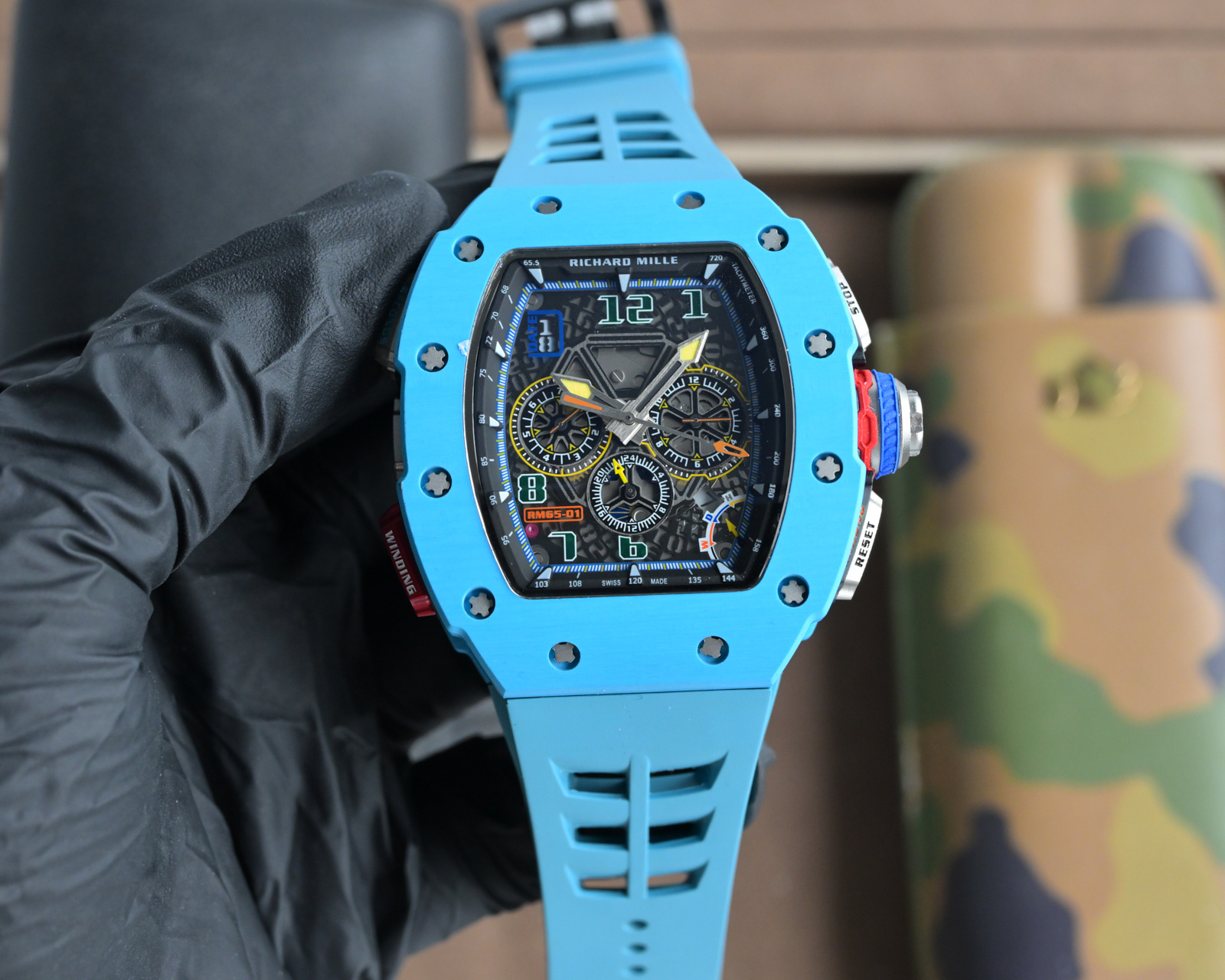 Richard Mille RM 65-01 Chronograph Watch (Blue Ceramic Case, Black Rubber Strap)