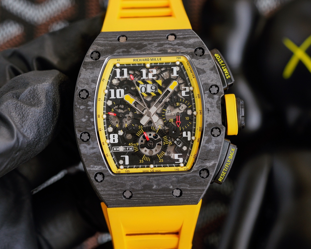 Richard Mille RM 11-03 Chronograph Watch (Black Carbon Case, Yellow Rubber Strap)