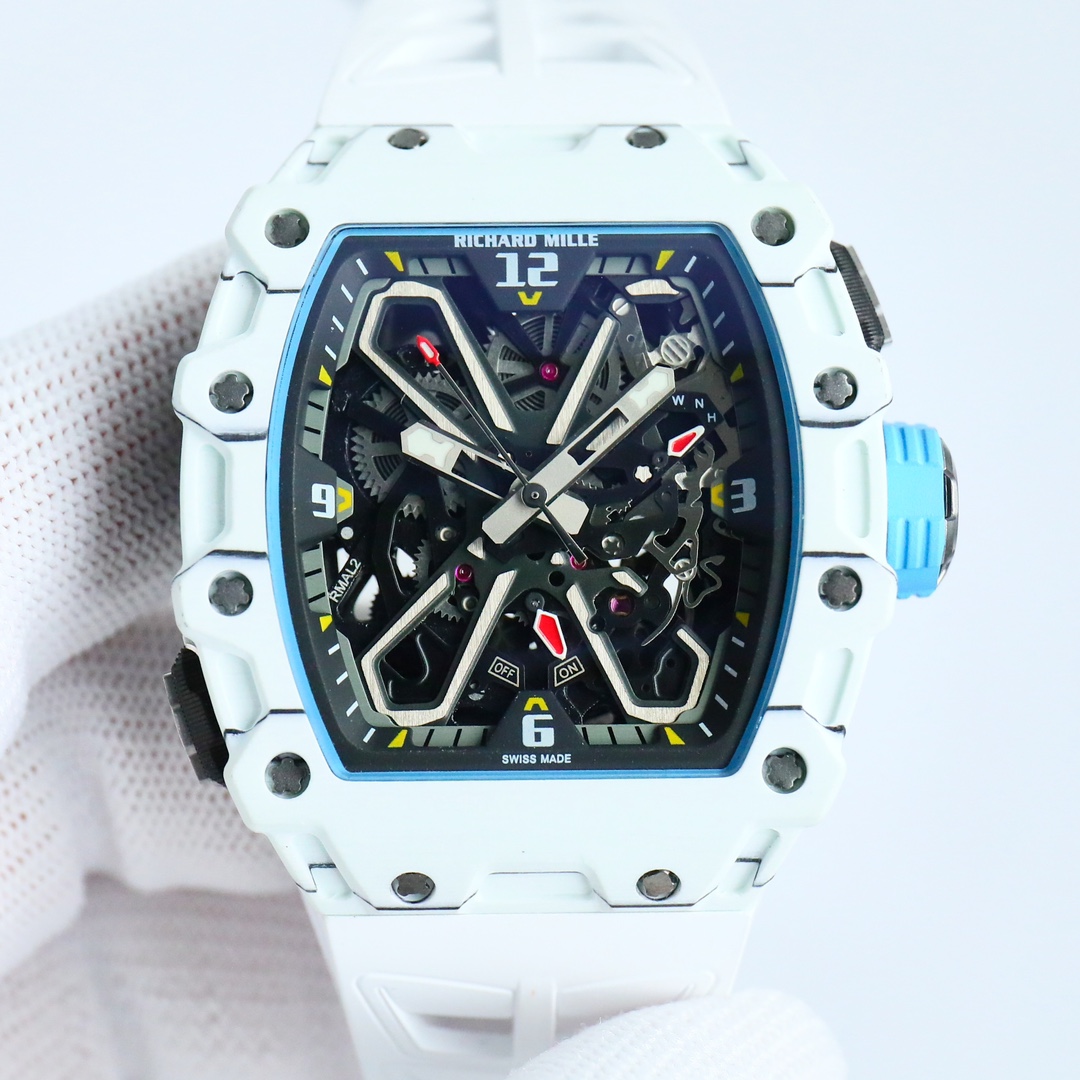 Richard Mille RM 35-03 Skeleton Chronograph Watch (White Ceramic Case, Light Blue Rubber Strap)