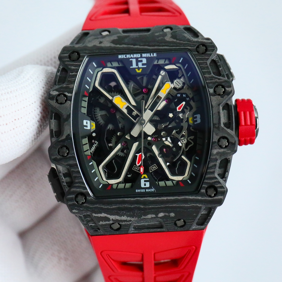 Richard Mille RM 35-03 Skeleton Chronograph Watch (Black Carbon Case, Red Rubber Strap)