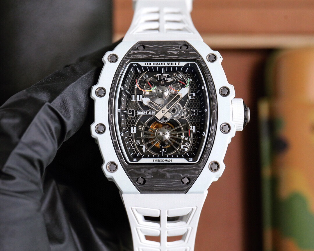 Richard Mille RM 21-02 Tourbillon Watch (White Ceramic & Carbon Case, White Rubber Strap)
