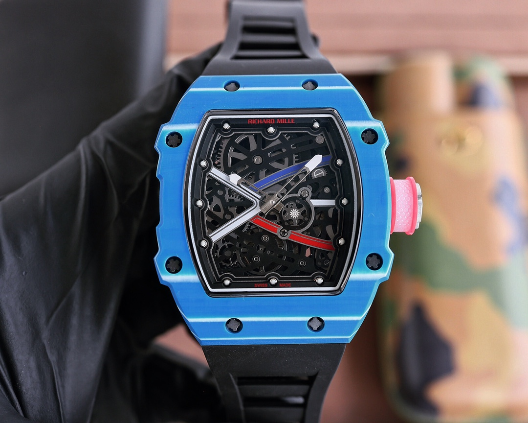 Richard Mille RM 67 Skeleton Watch (Blue TPT Carbon Case, Black Rubber Strap)
