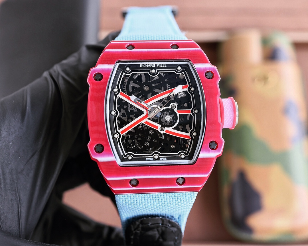 Richard Mille RM 67 Skeleton Watch (Red Ceramic - Like Case, Light Blue Rubber Strap)