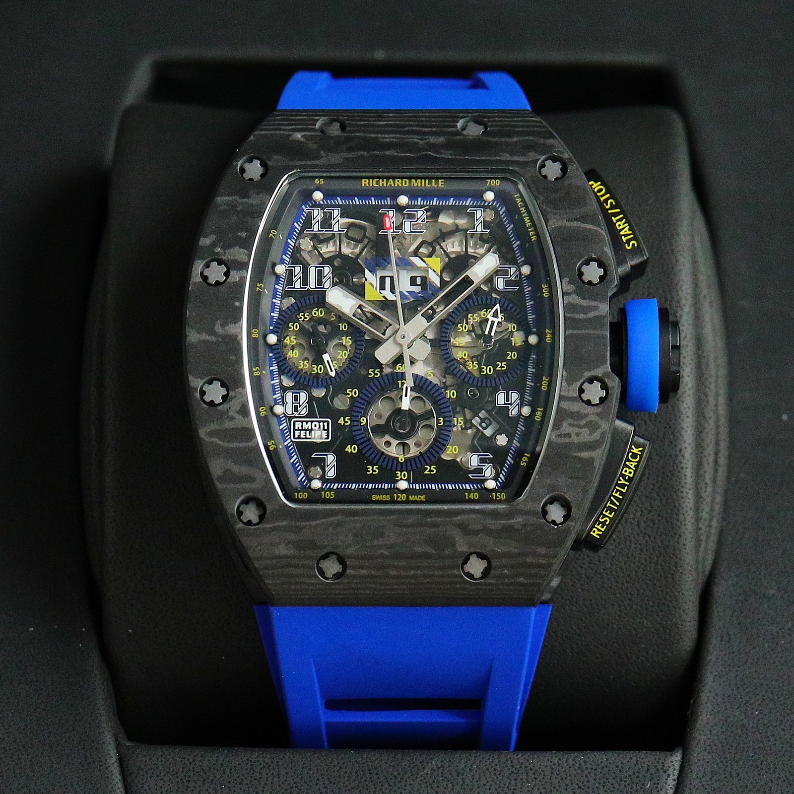 Richard Mille RM 011 Carbon TPT Chronograph Watch (Blue Rubber Strap)