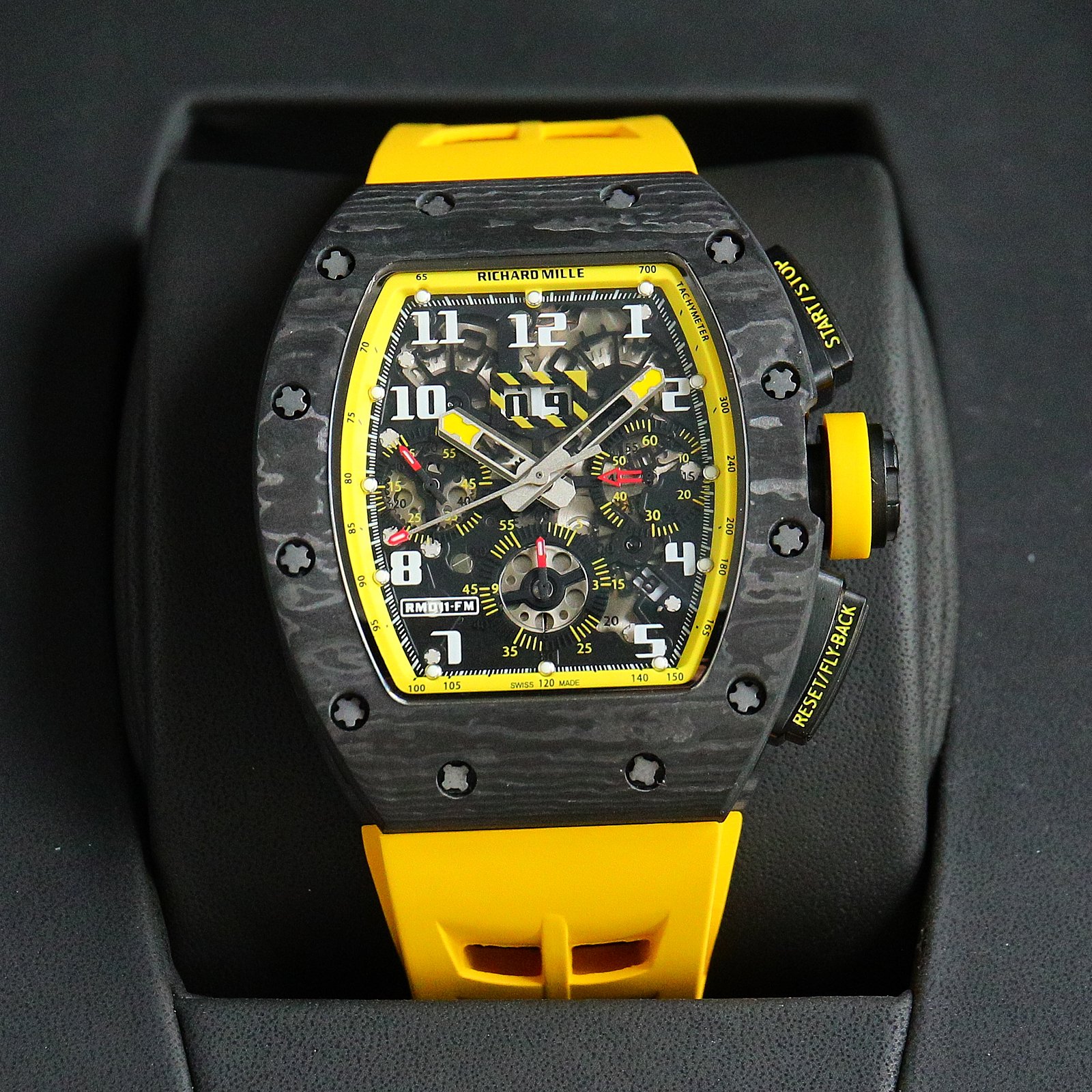 Richard Mille RM 011 Carbon TPT Chronograph Watch (Yellow Rubber Strap)