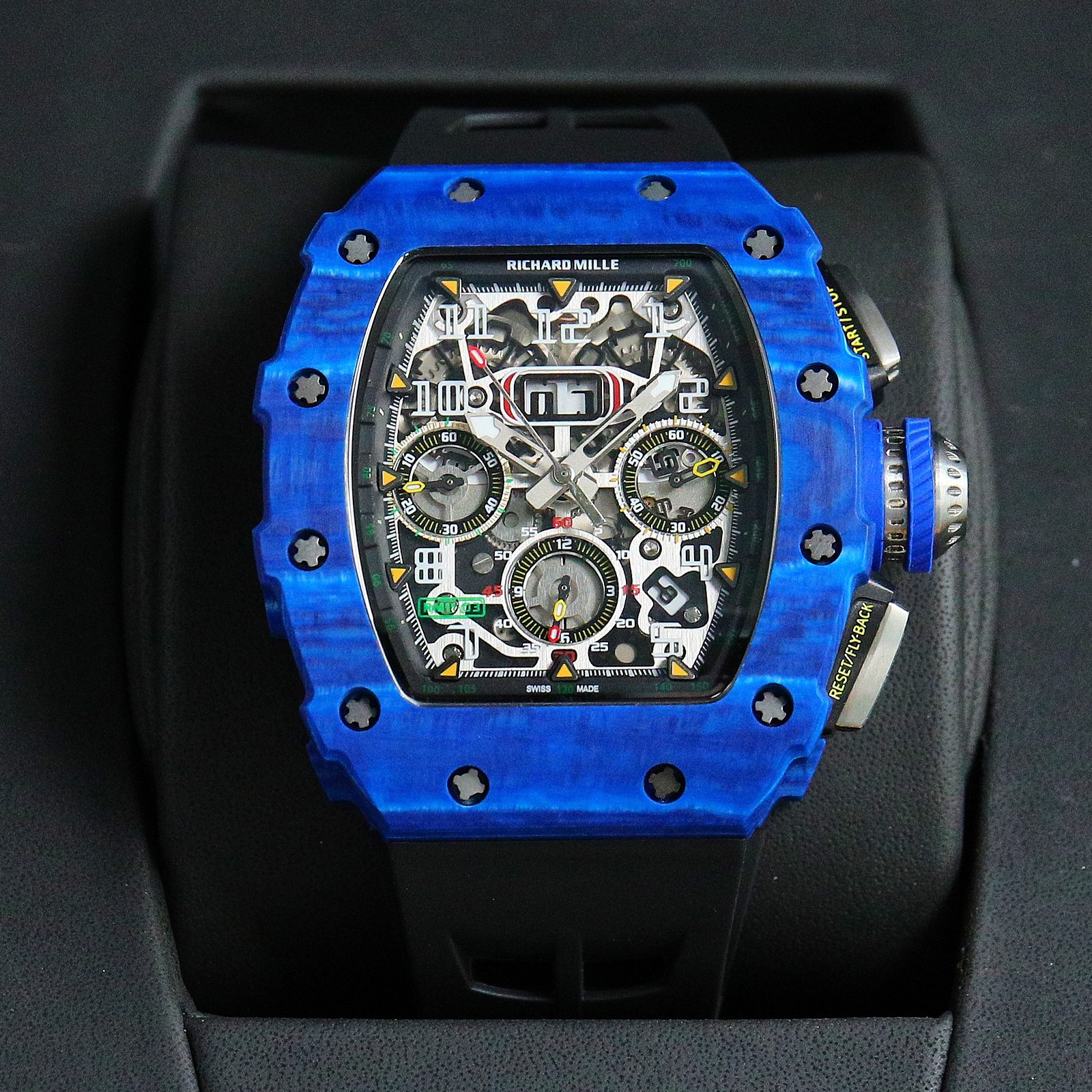 Richard Mille RM 011 Blue Carbon TPT Chronograph Watch (Black Rubber Strap)