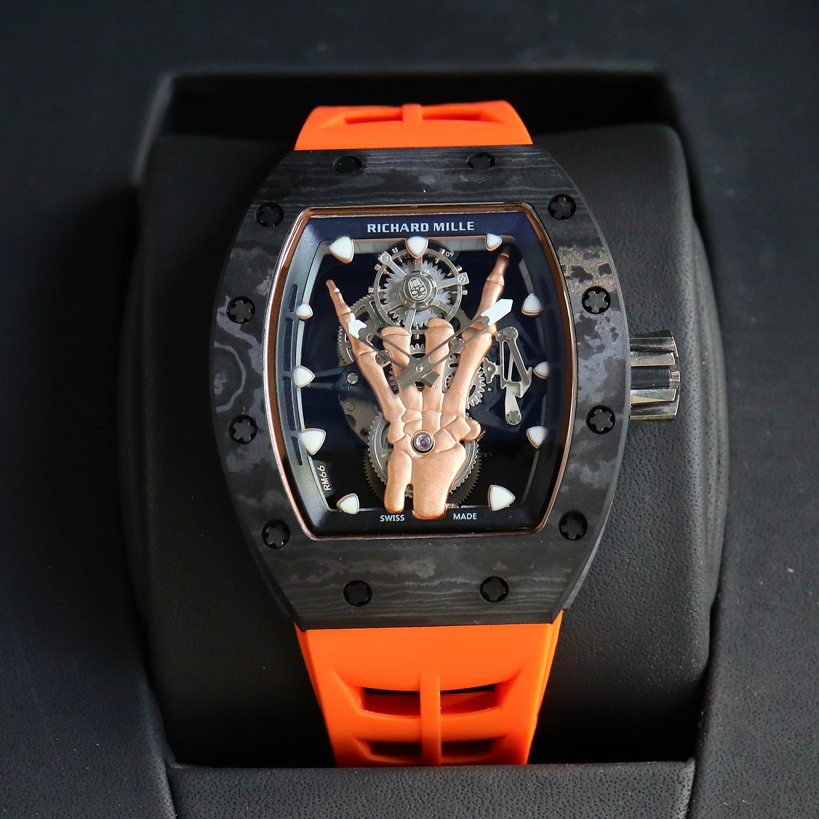 Richard Mille Carbon TPT Tourbillon Watch (Rose Gold Skull Hand, Orange Rubber Strap)