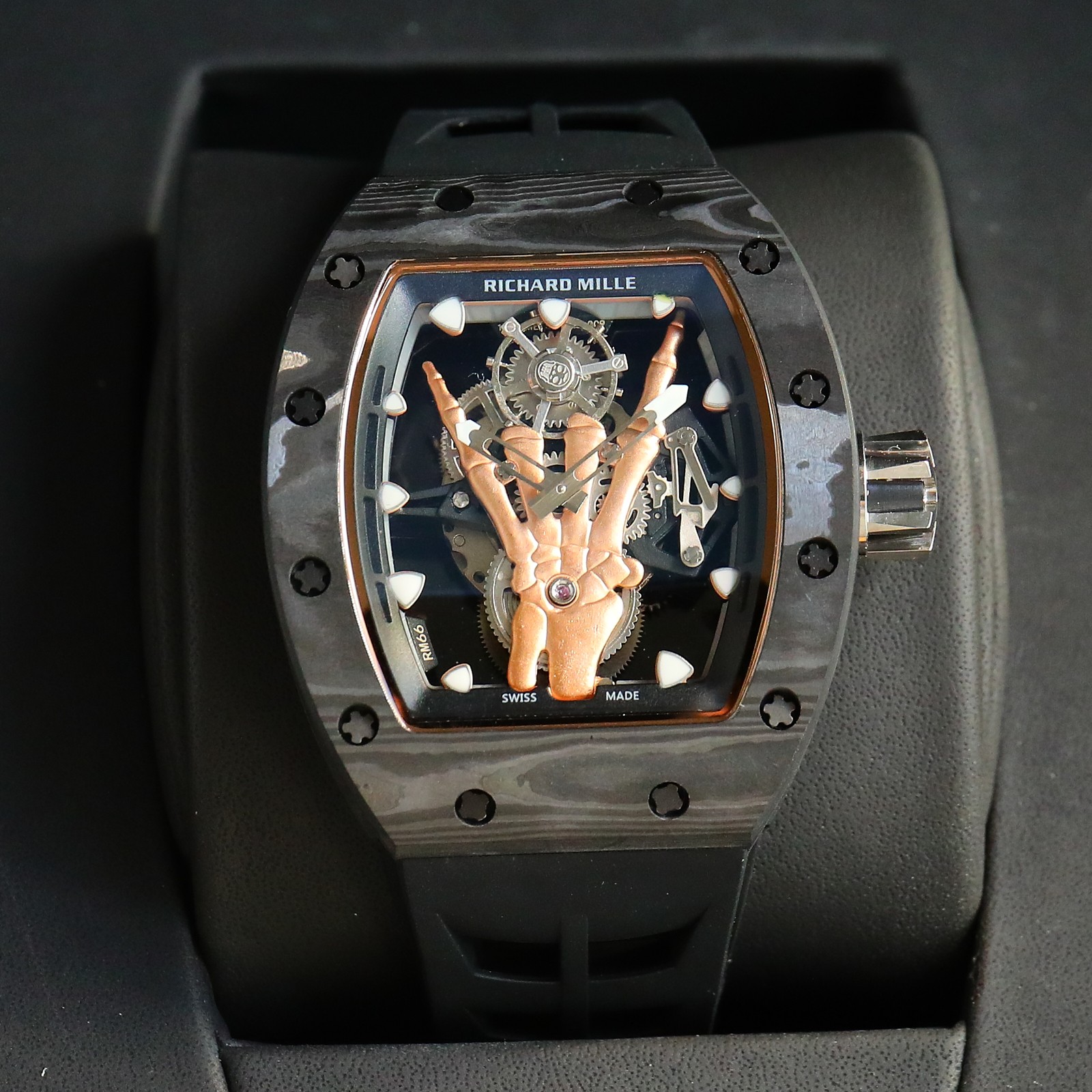 Richard Mille Carbon TPT Tourbillon Watch with Rose Gold Skull Dial (Model: RM Custom Skull)