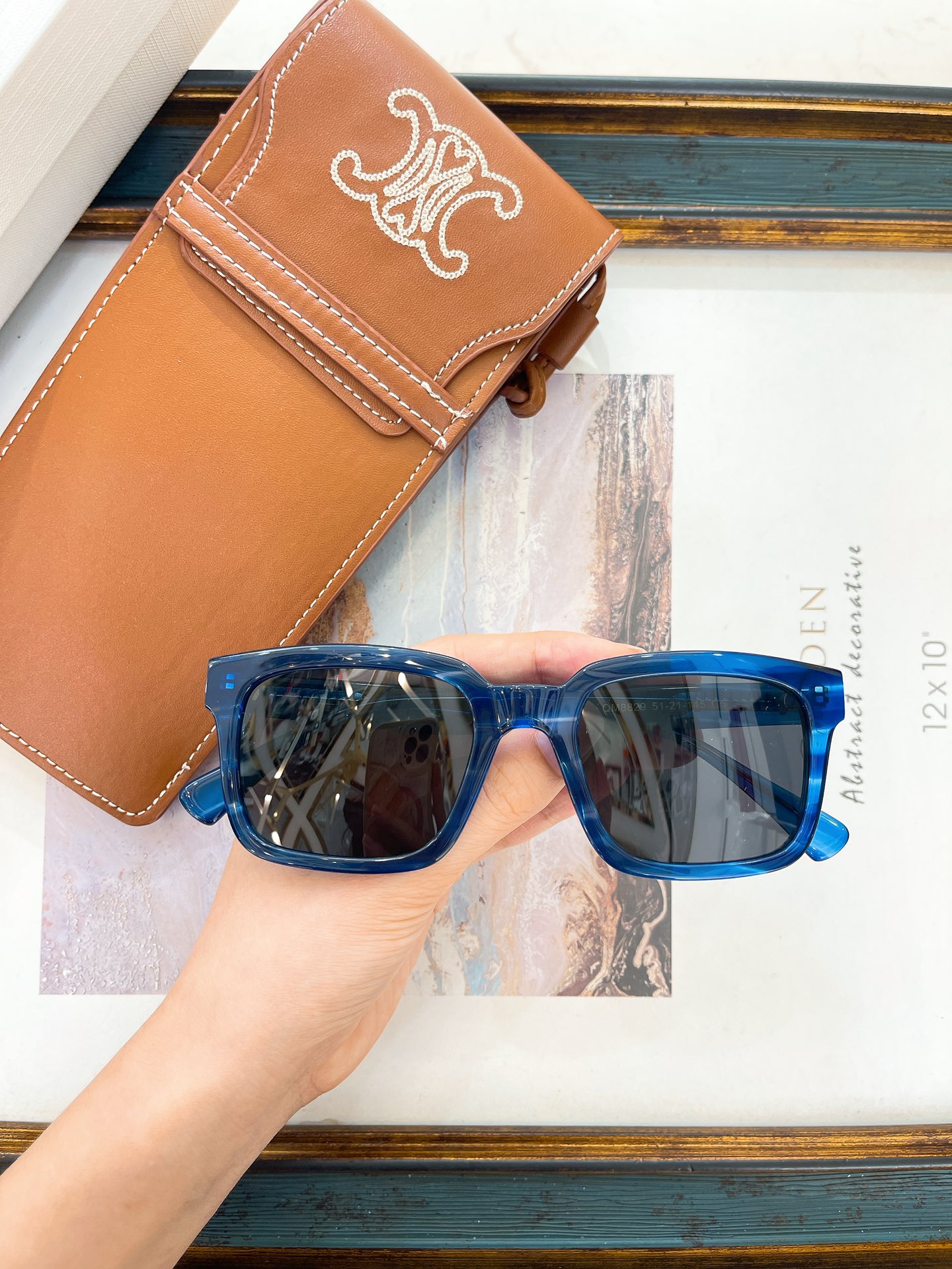 Celine Square Blue Acetate Sunglasses with Triomphe - Embroidered Leather Case (Model: CL4133)
