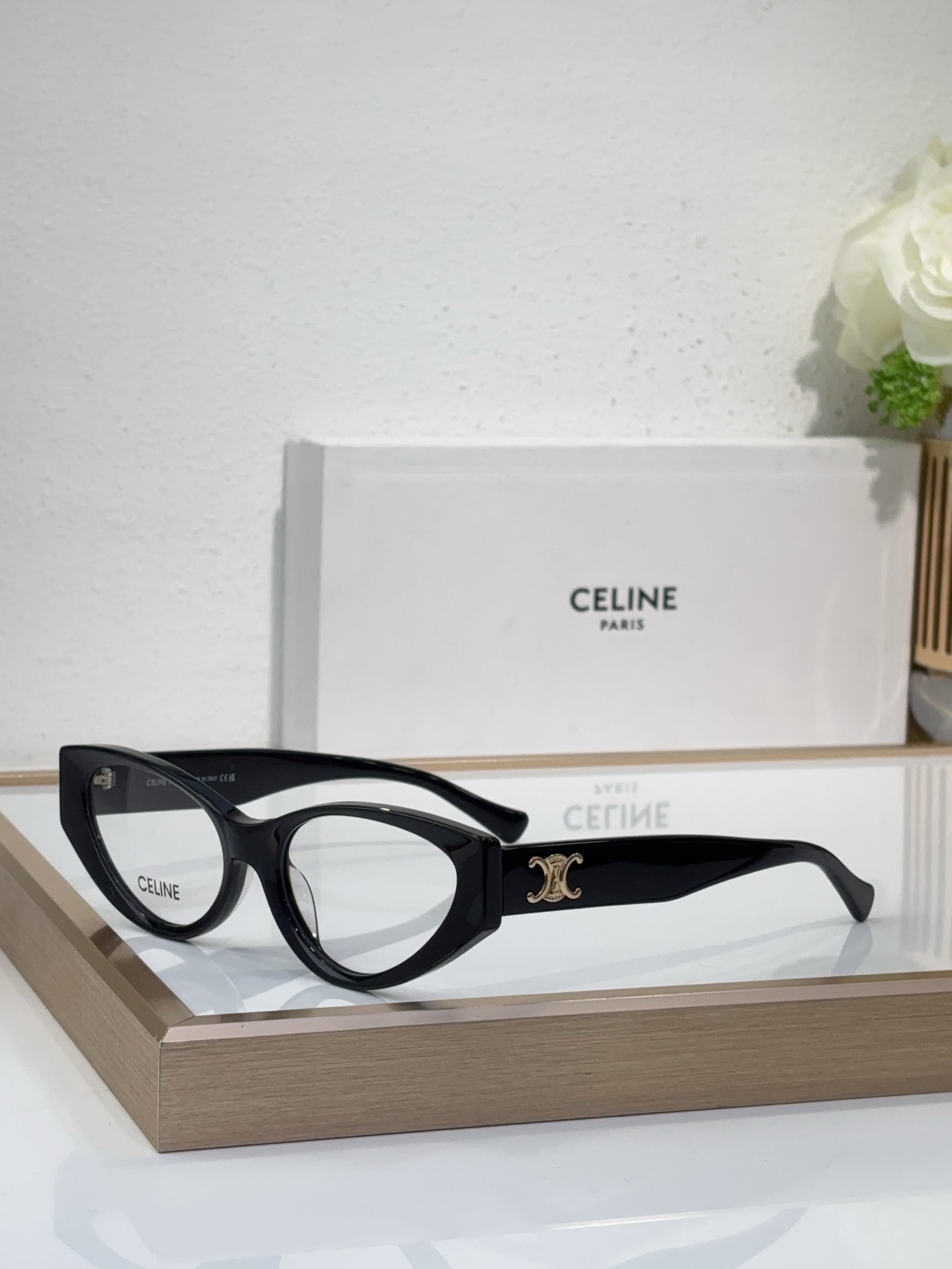 Celine Cat - Eye Black Acetate Eyeglasses with Gold Triomphe Accent (Model: CL5002)