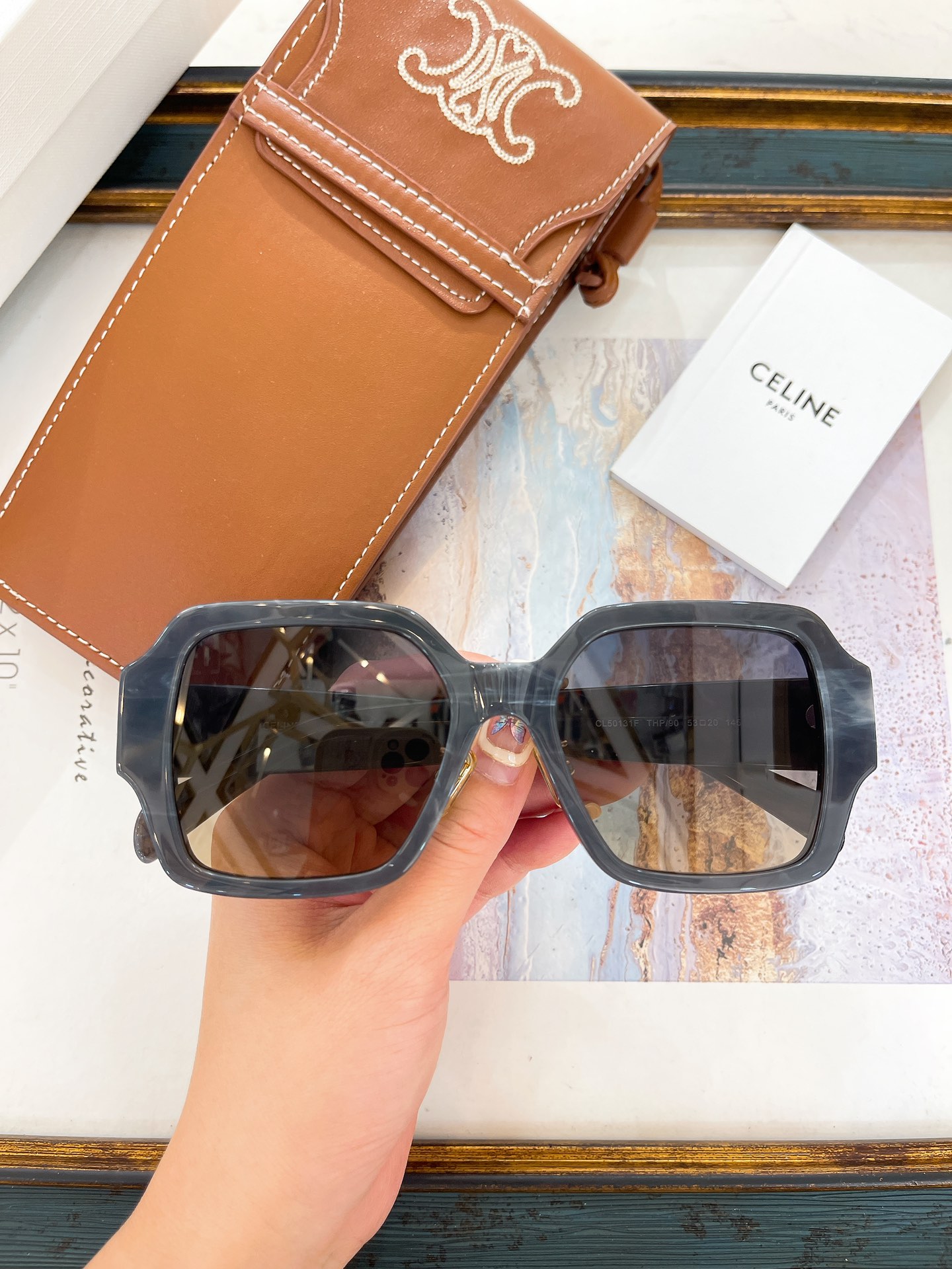 Celine Square Gray Acetate Sunglasses with Triomphe - Embossed Leather Case (Model: CL4131)