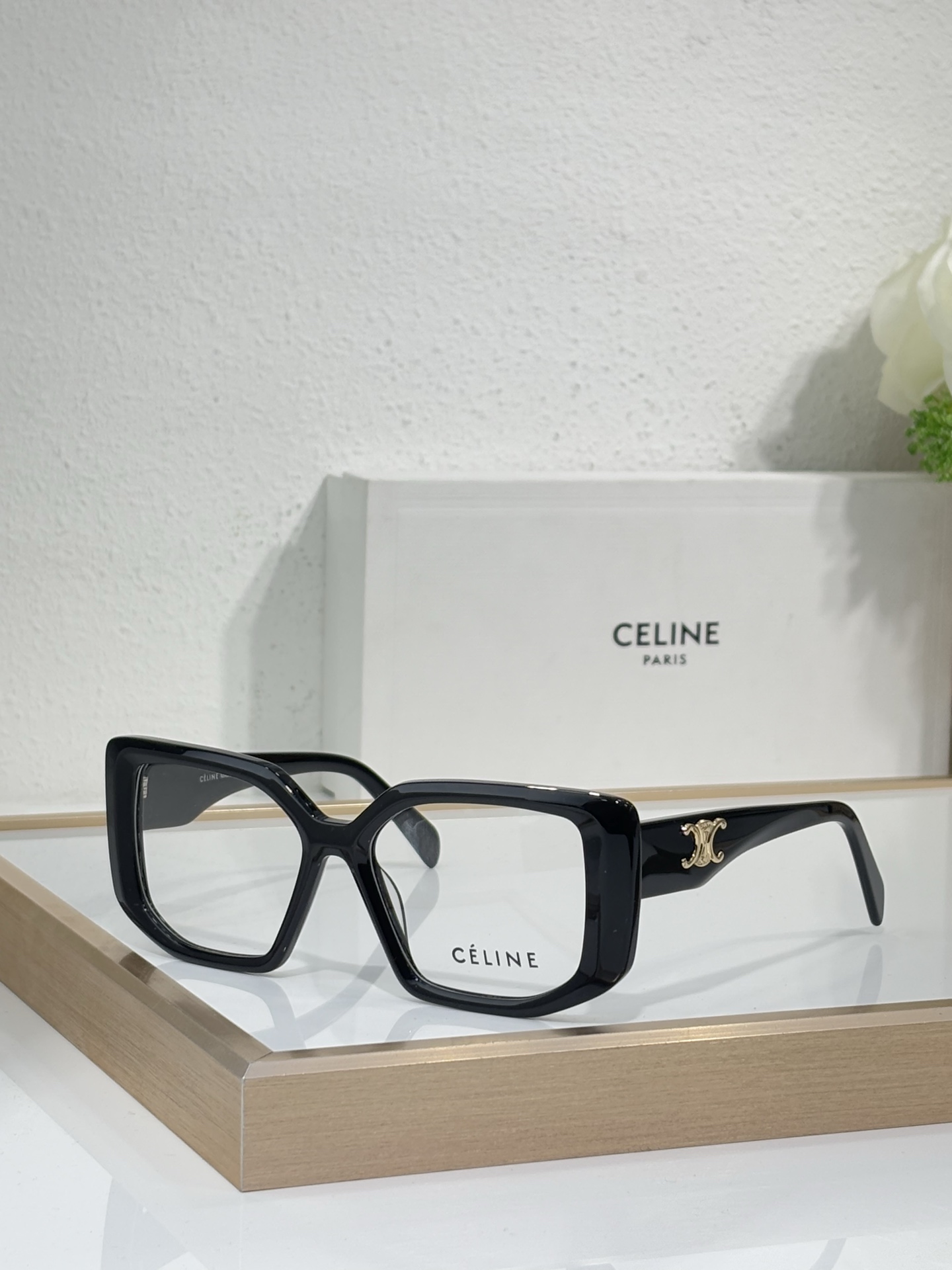 Celine Square Tortoiseshell Acetate Eyeglasses with Gold Triomphe Accent (Model: CL5001)