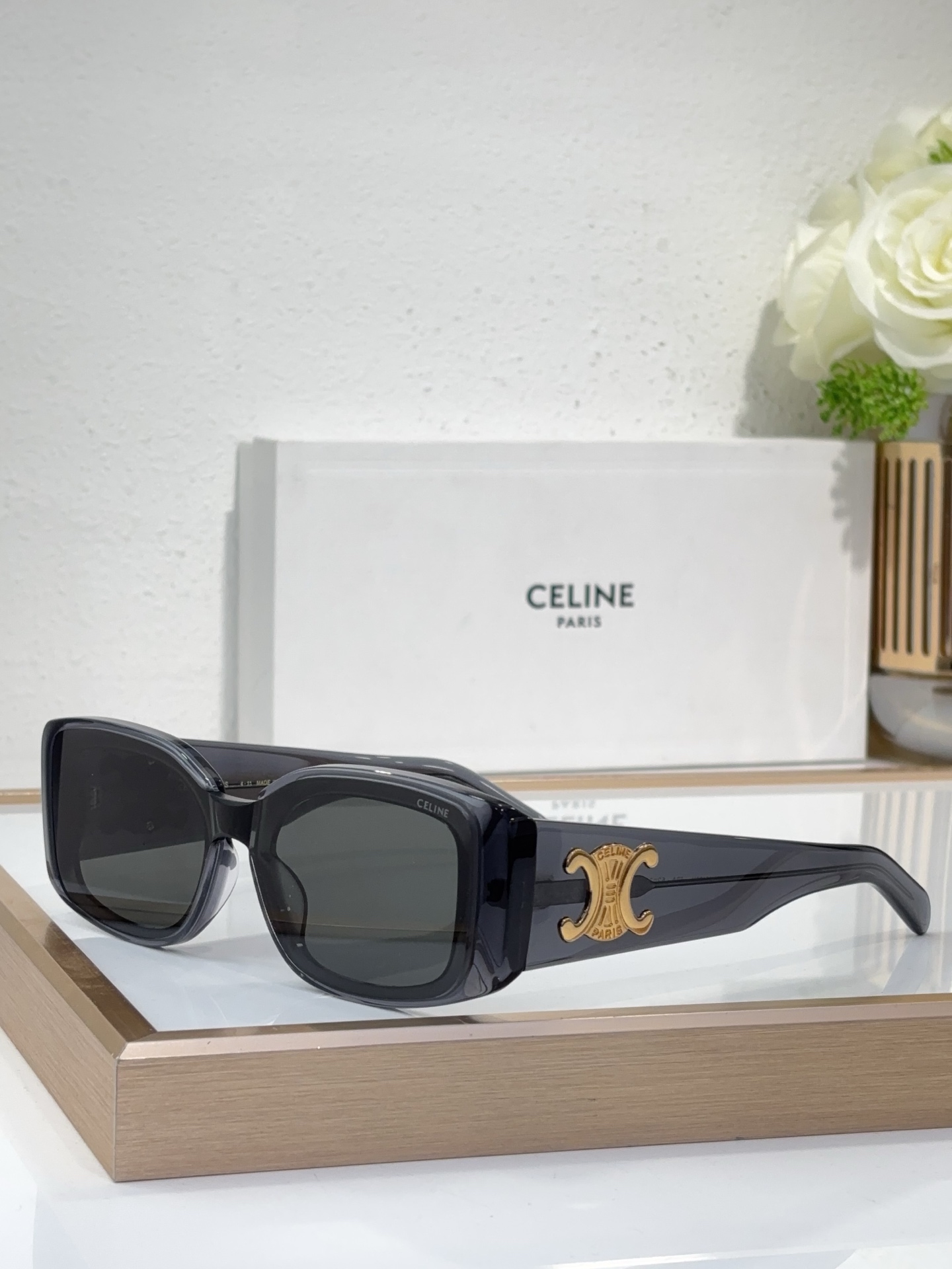 Celine Square Dark Translucent Acetate Sunglasses with Gold Triomphe Accent (Model: CL4129)