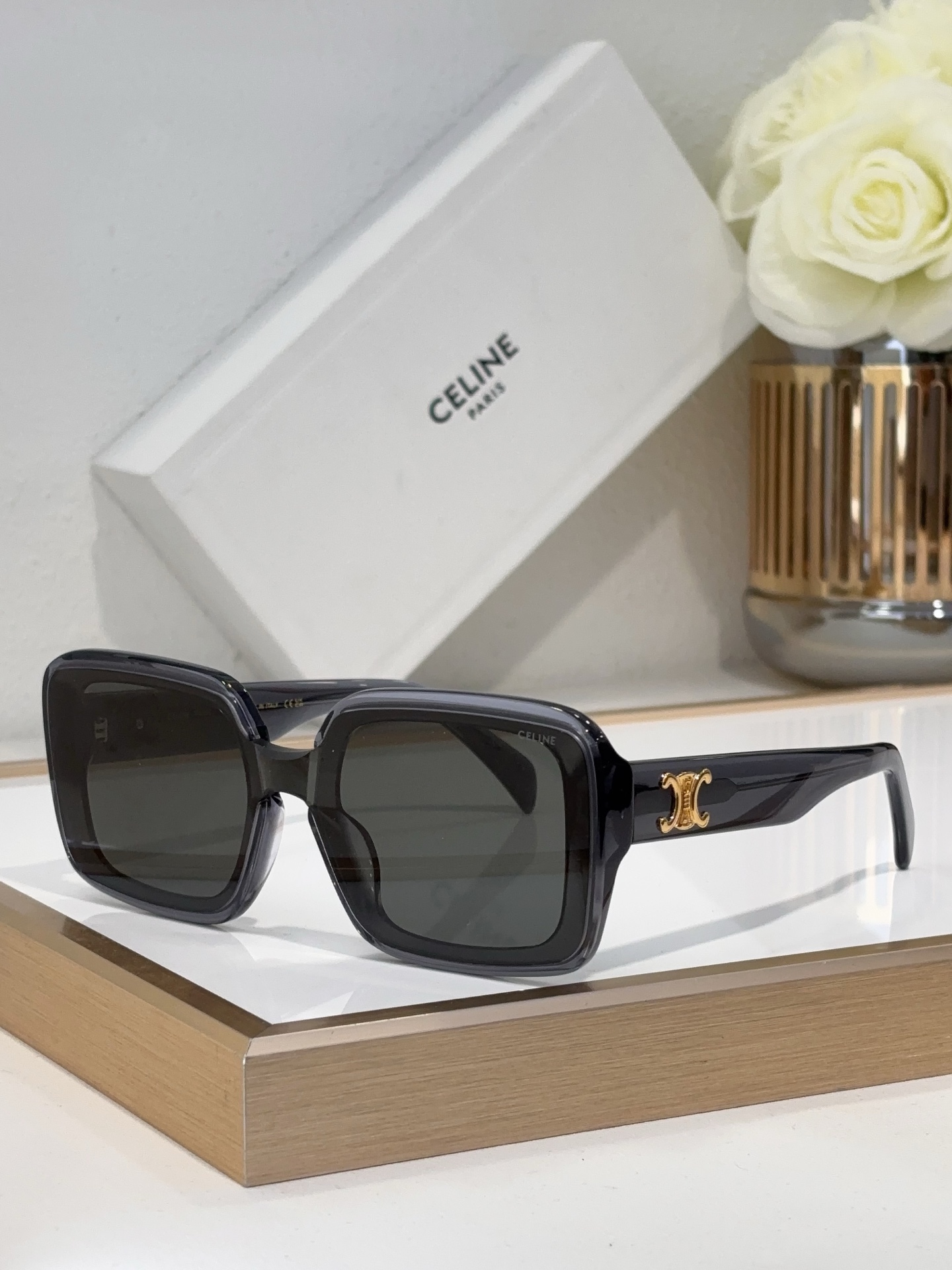Celine Square Dark Acetate Sunglasses with Gold Triomphe Accent (Model: CL4127)