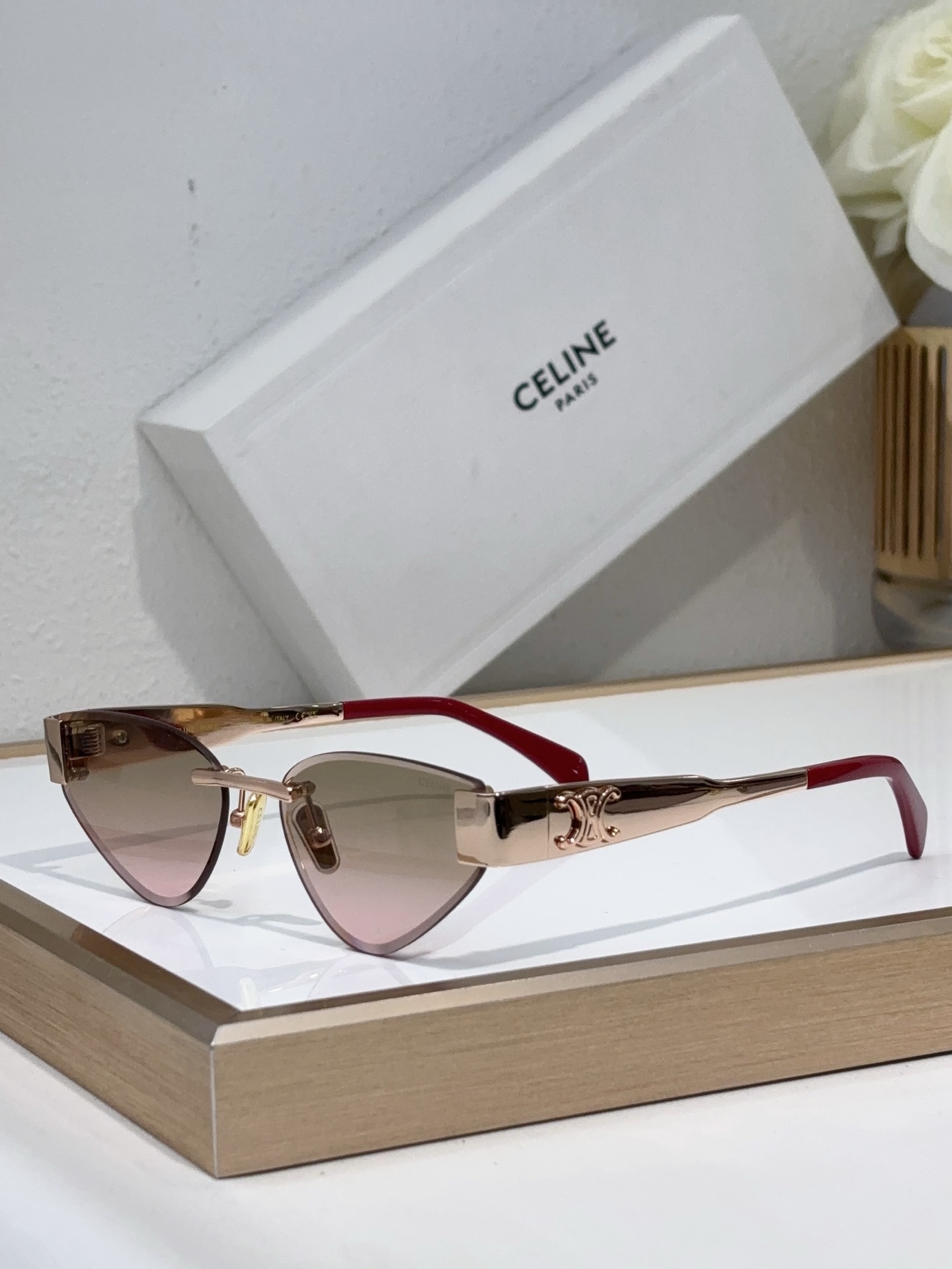 Celine Cat - Eye Gold - Tone Metal Sunglasses with Triomphe & Pink Accents (Model: CL4124)