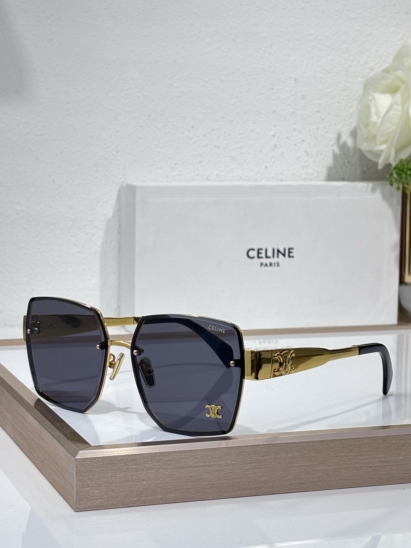Celine Square Gold - Tone Metal Sunglasses with Triomphe Accents (Model: CL4117)
