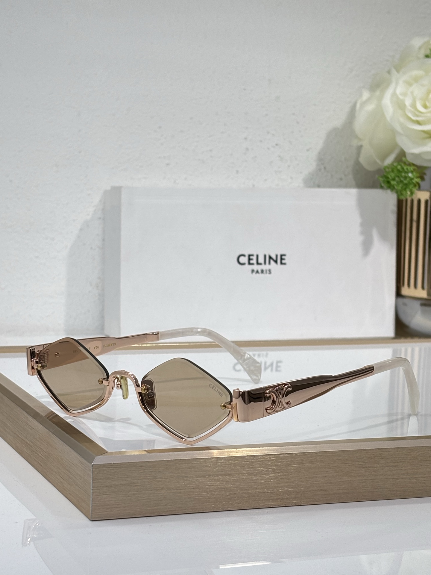 Celine Diamond - Shaped Rose - Gold - Tone Metal Sunglasses with Triomphe Accents (Model: CL4115)