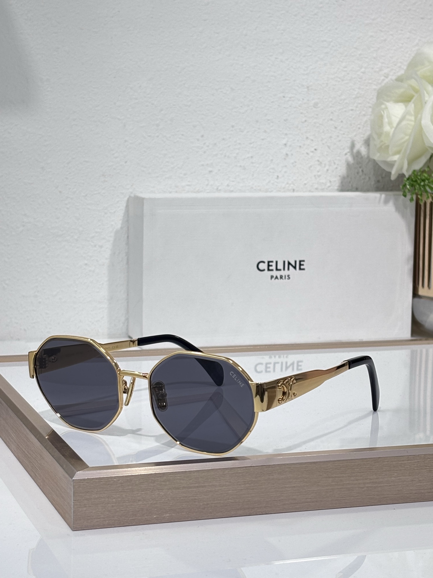 Celine Octagonal Gold - Tone Metal Sunglasses with Triomphe Accents (Model: CL4114)