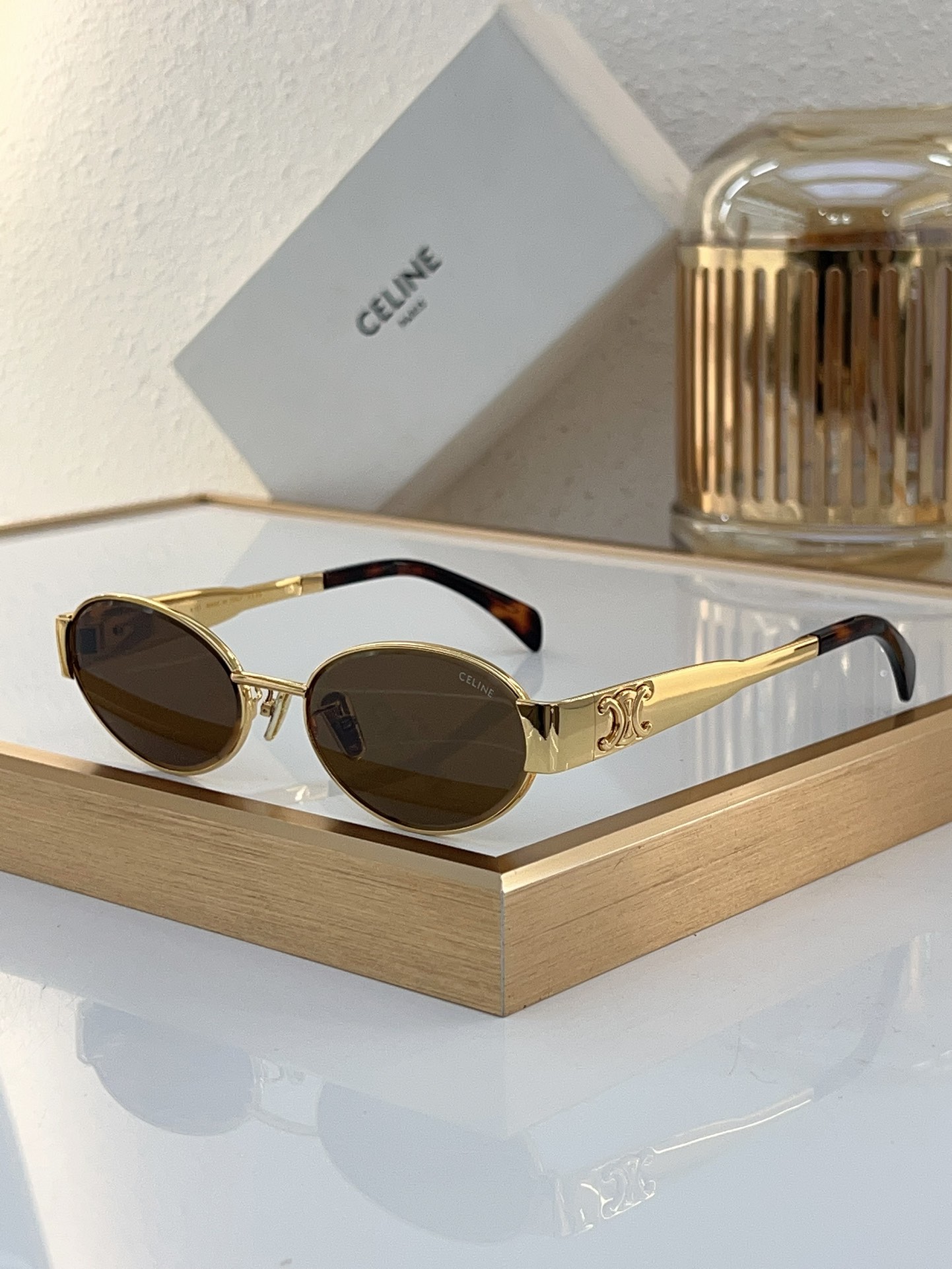 Celine Oval Gold - Tone Metal Sunglasses with Triomphe Accents (Model: CL4110)