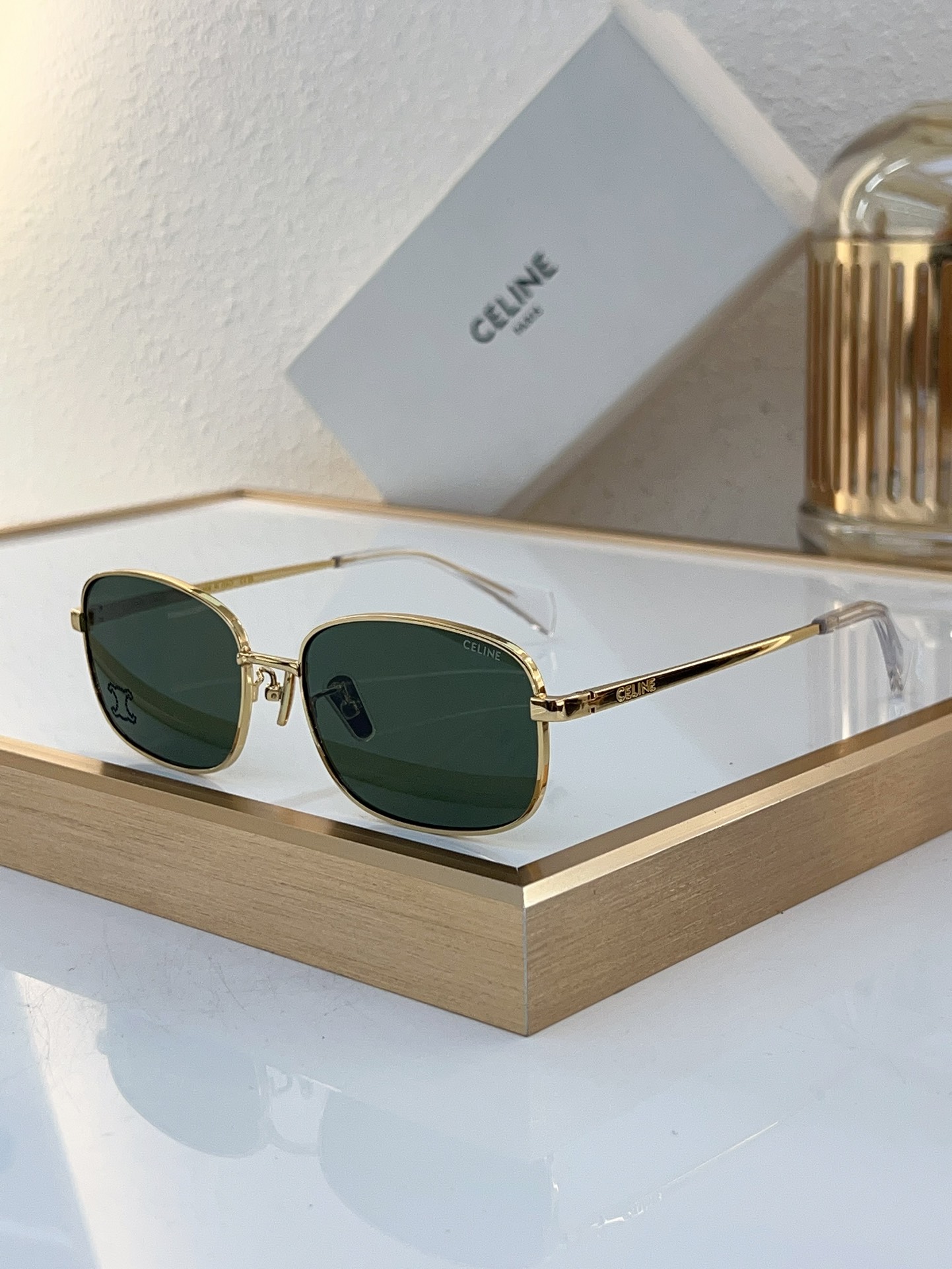 Celine Rectangular Gold - Tone Metal Sunglasses with Triomphe Accent (Model: CL4108)