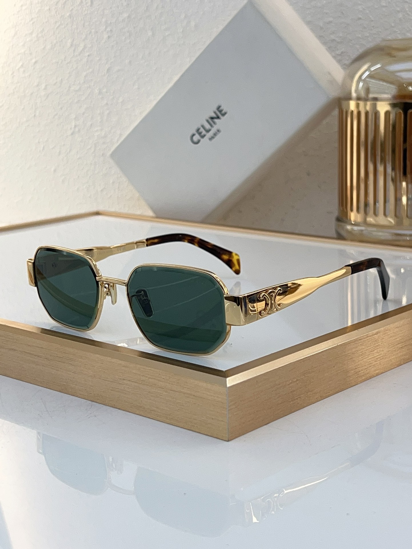 Celine Octagonal Gold - Tone Metal Sunglasses with Tortoiseshell Accents (Model: CL4106)