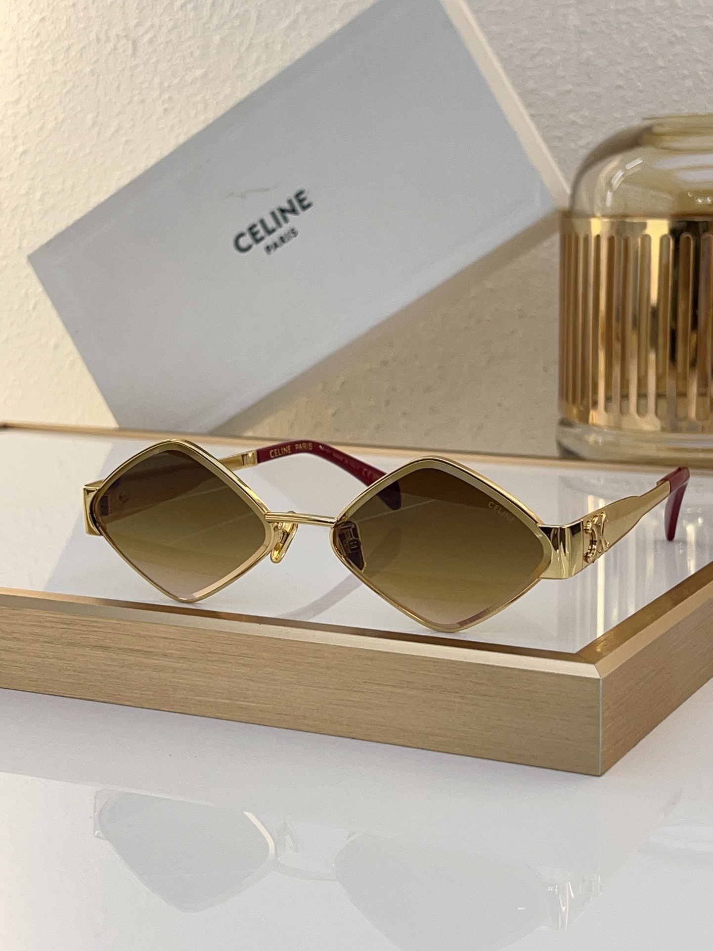 Celine Diamond - Shaped Gold - Tone Metal Sunglasses with Red Accents (Model: CL4105)