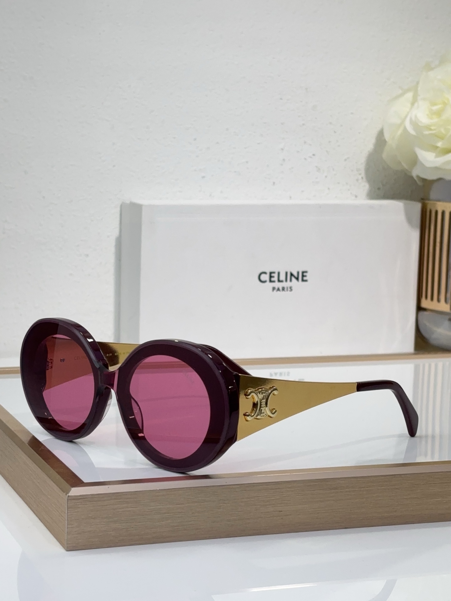 Celine Round Acetate & Gold - Tone Metal Sunglasses with Triomphe Accents (Model: CL4103)