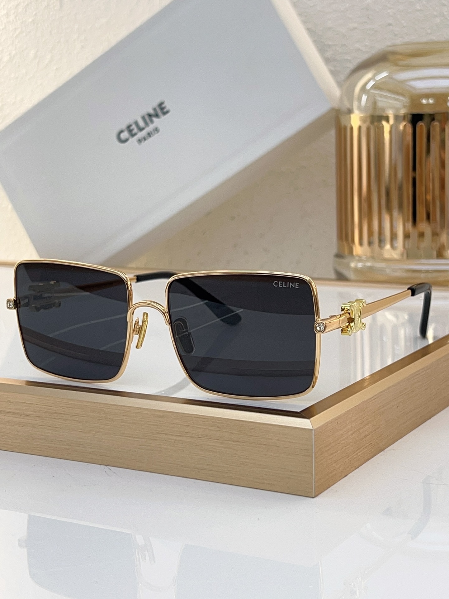 Celine Square Gold - Tone Metal Sunglasses with Crystal & White Accents (Model: CL4101)