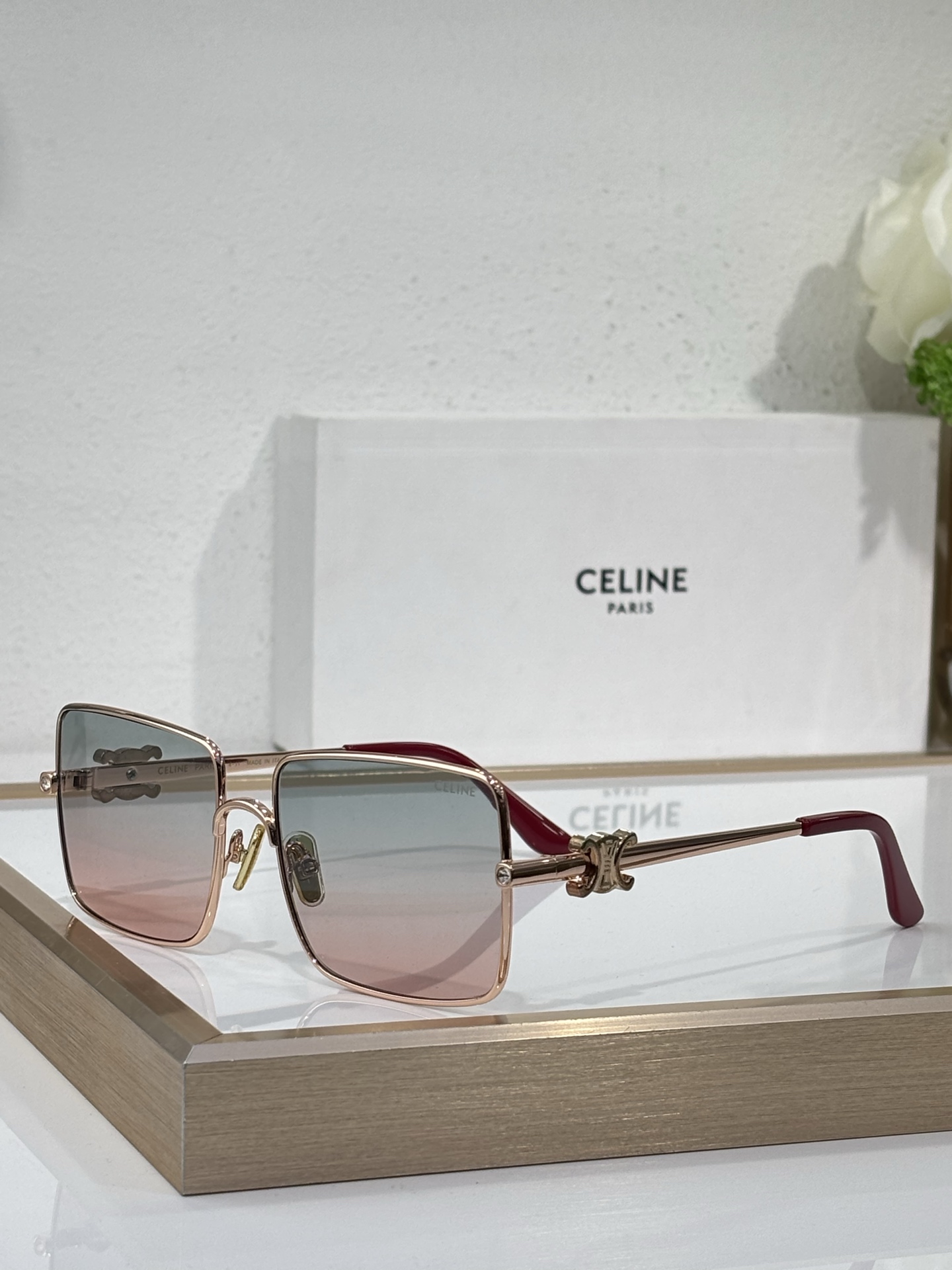 Celine Square Gold - Tone Metal Sunglasses with Triomphe Accents (Model: CL4100)