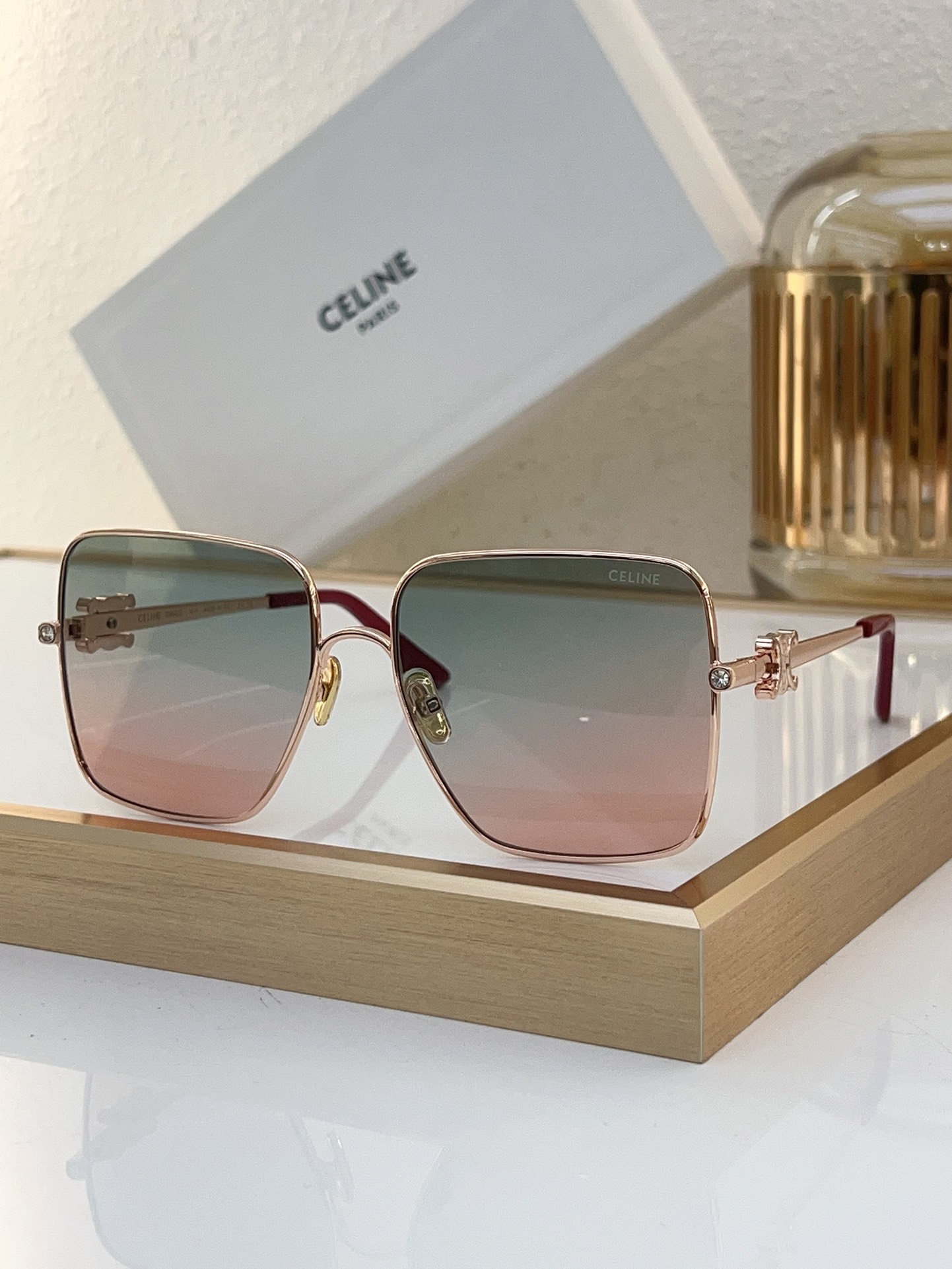 Celine Square Gold - Tone Metal Sunglasses with Triomphe & Crystal Accents (Model: CL4099)