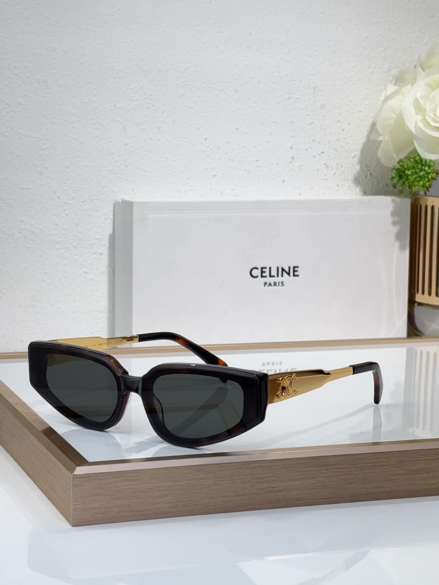 Celine Cat - Eye Tortoiseshell Acetate Sunglasses with Gold Triomphe Accents (Model: CL4096)