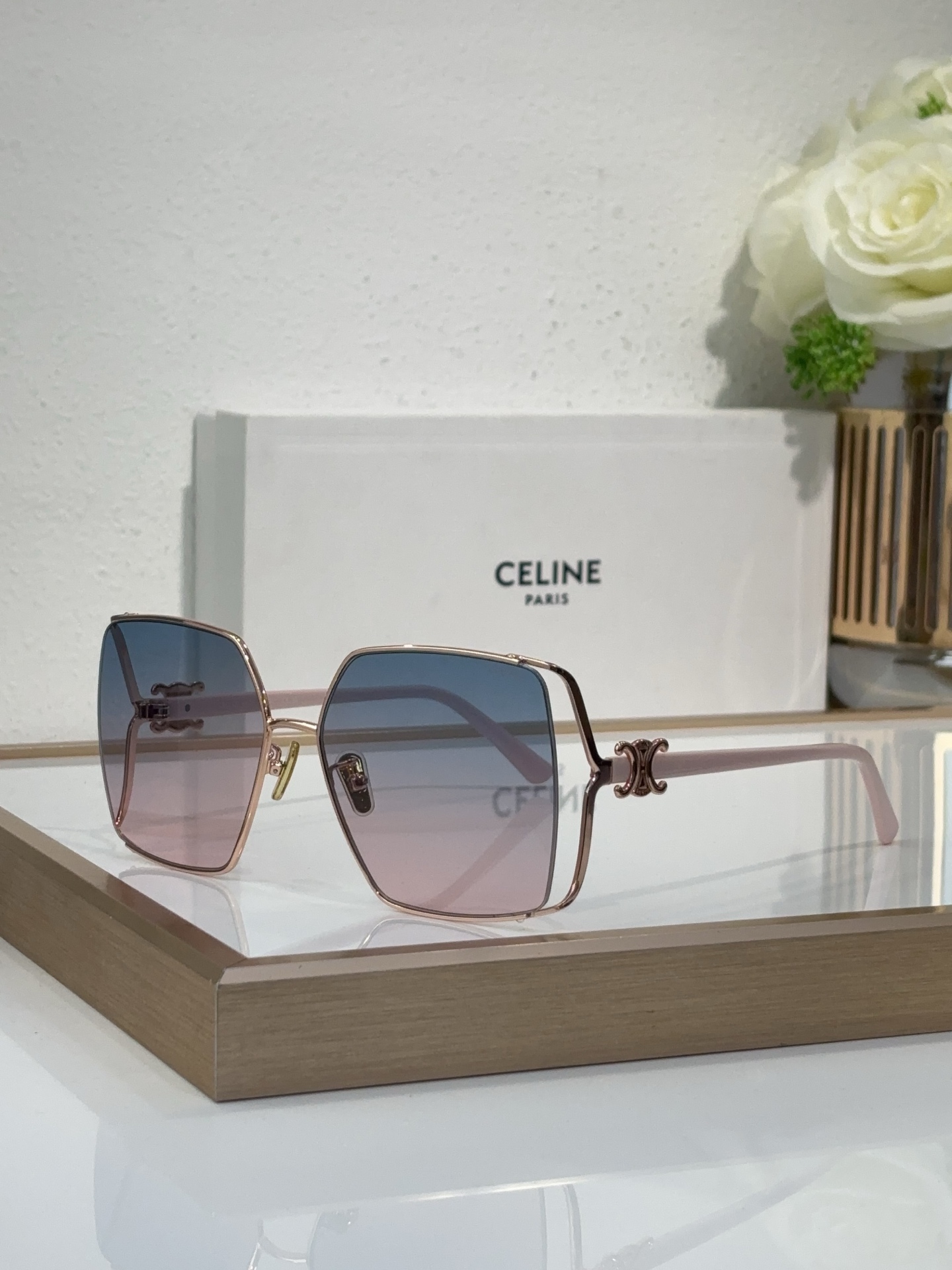 Celine Square Hybrid - Frame Sunglasses with Silver Triomphe Accents (Model: CL4087)