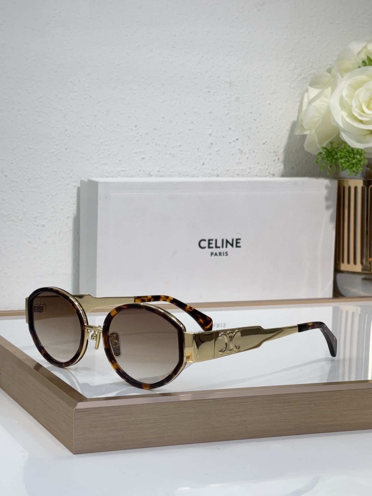 Celine Round Hybrid - Frame Sunglasses with Tortoiseshell Acetate & Gold Triomphe Accents (Model: CL4085)