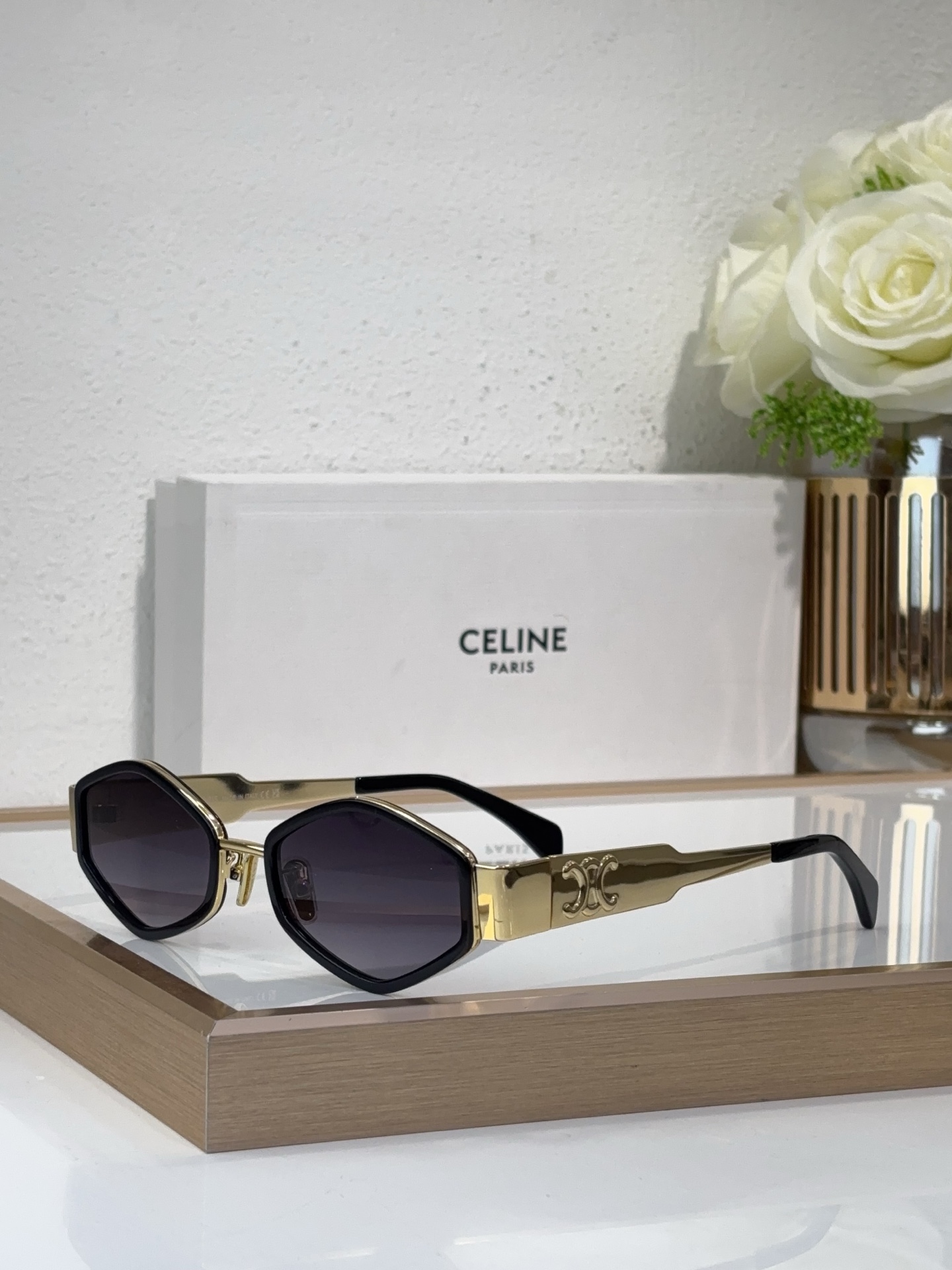 Celine Octagonal Metal Sunglasses with Gold Triomphe Accents (Model: CL4084)