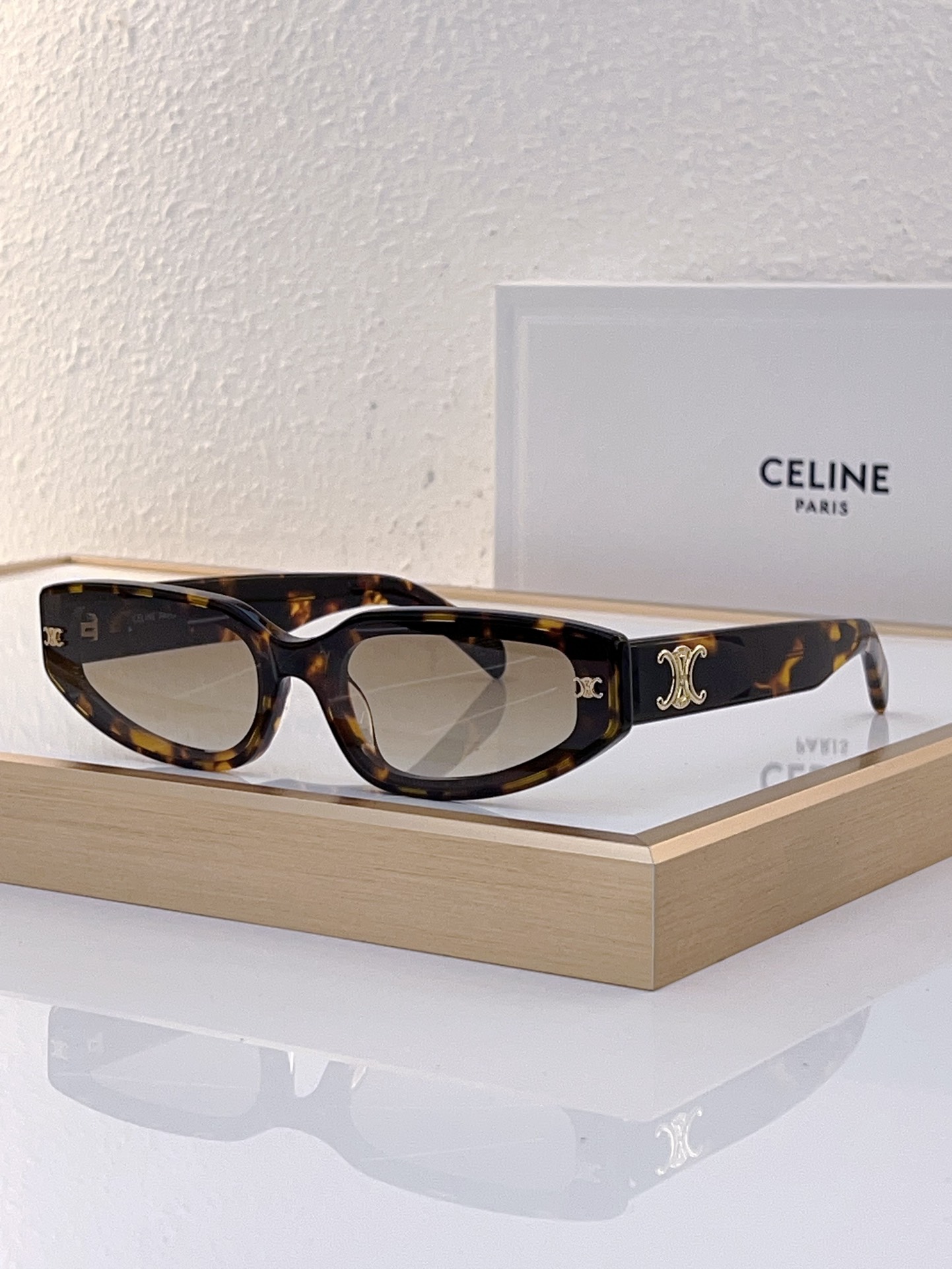 Celine Rectangular Narrow Acetate Sunglasses with Gold Triomphe Accents (Model: CL4079)