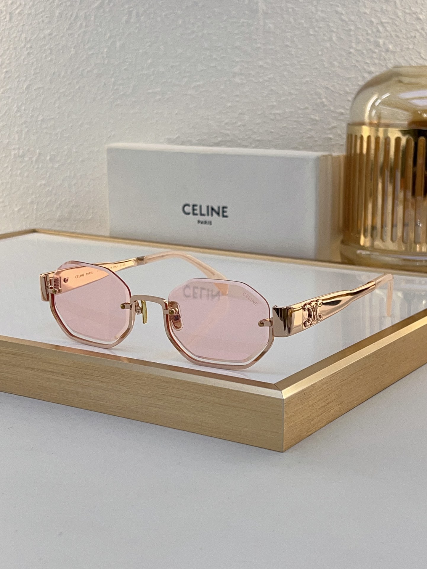 Celine Octagonal Metal Sunglasses with Gold Triomphe & Tortoiseshell Accents (Model: CL4076)