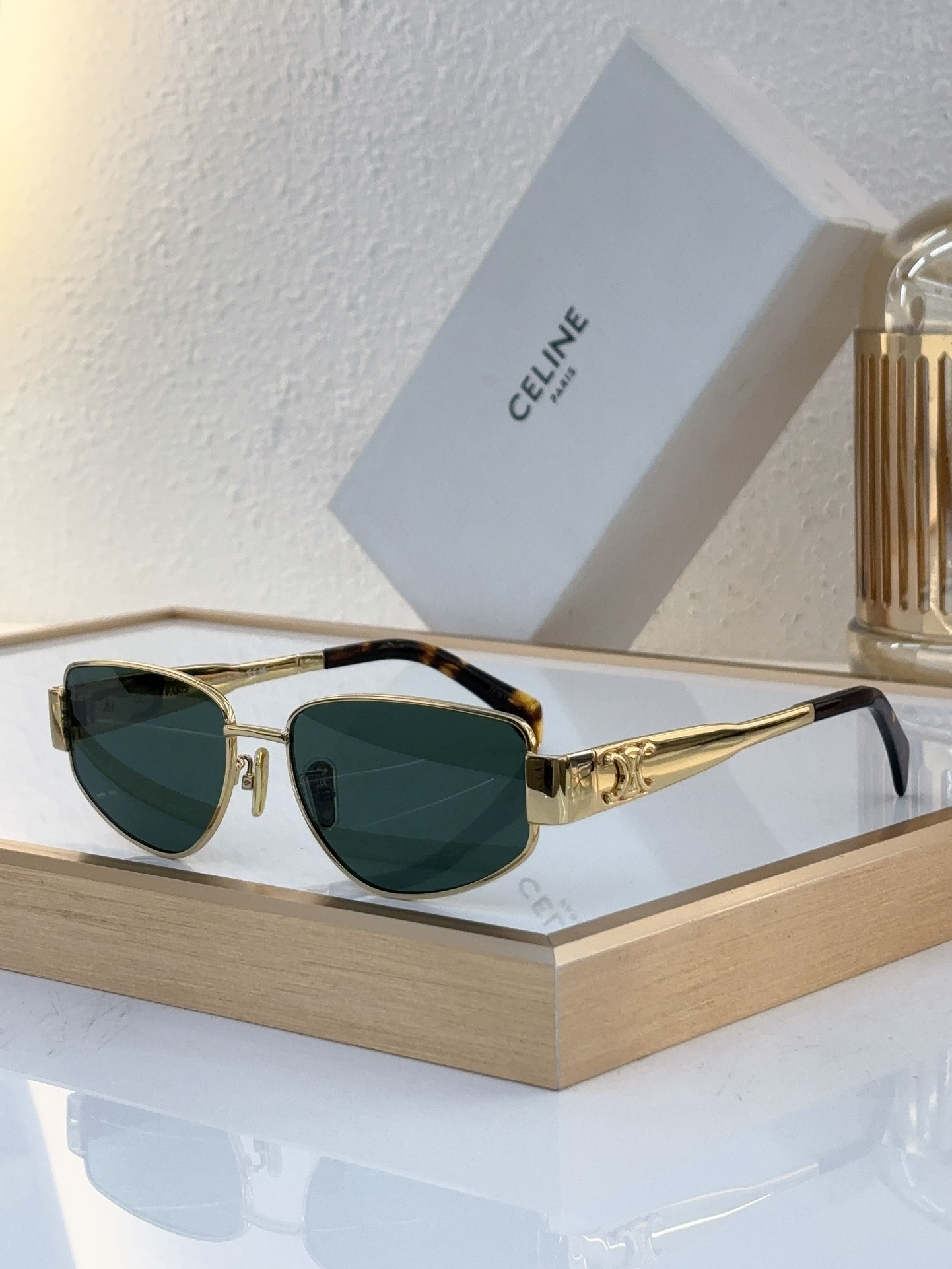Celine Rectangular Metal Sunglasses with Triomphe & Tortoiseshell Accents (Model: CL4072)