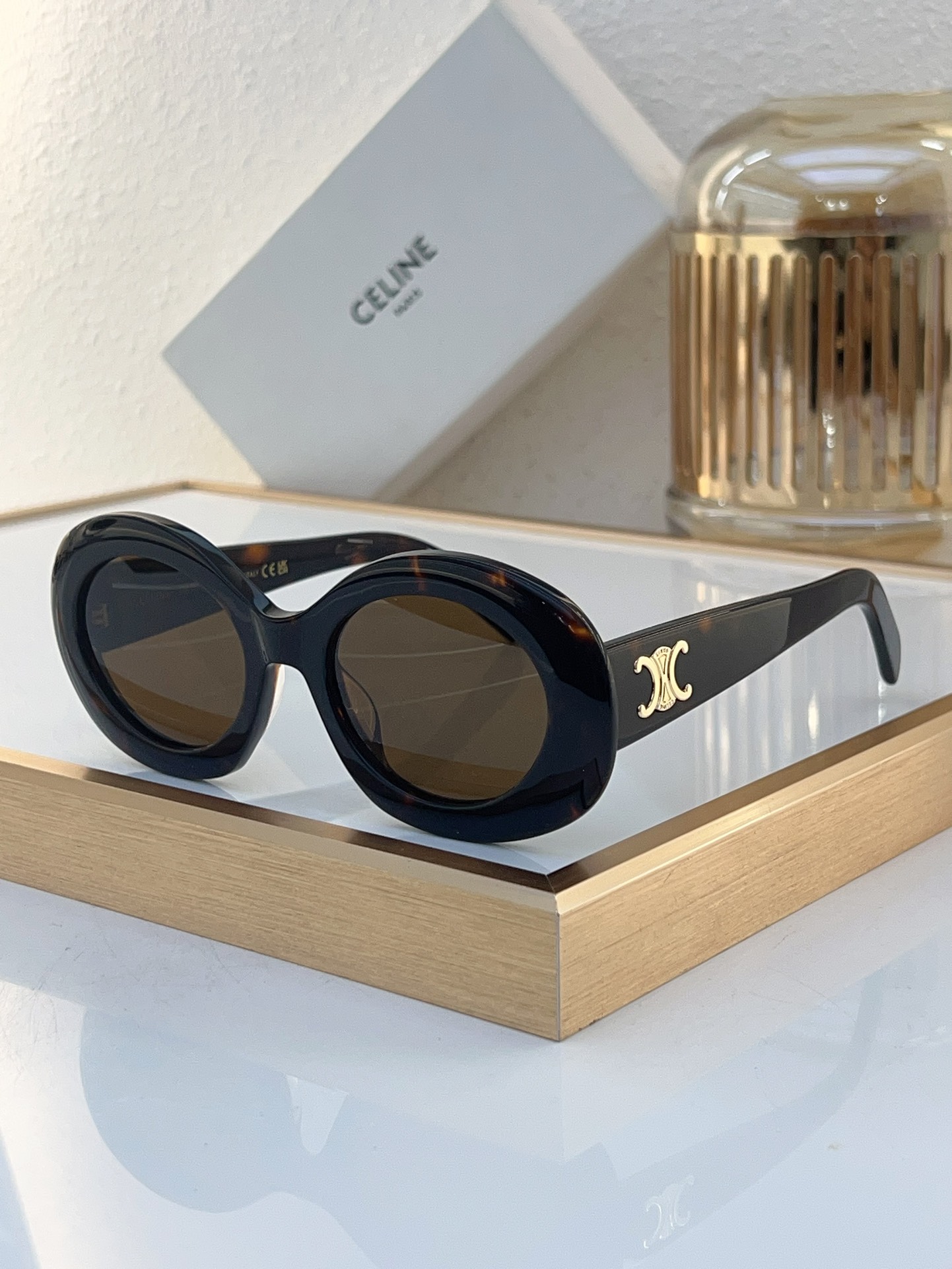 Celine Oval Acetate Sunglasses with Gold Triomphe Accents (Model: CL4070)