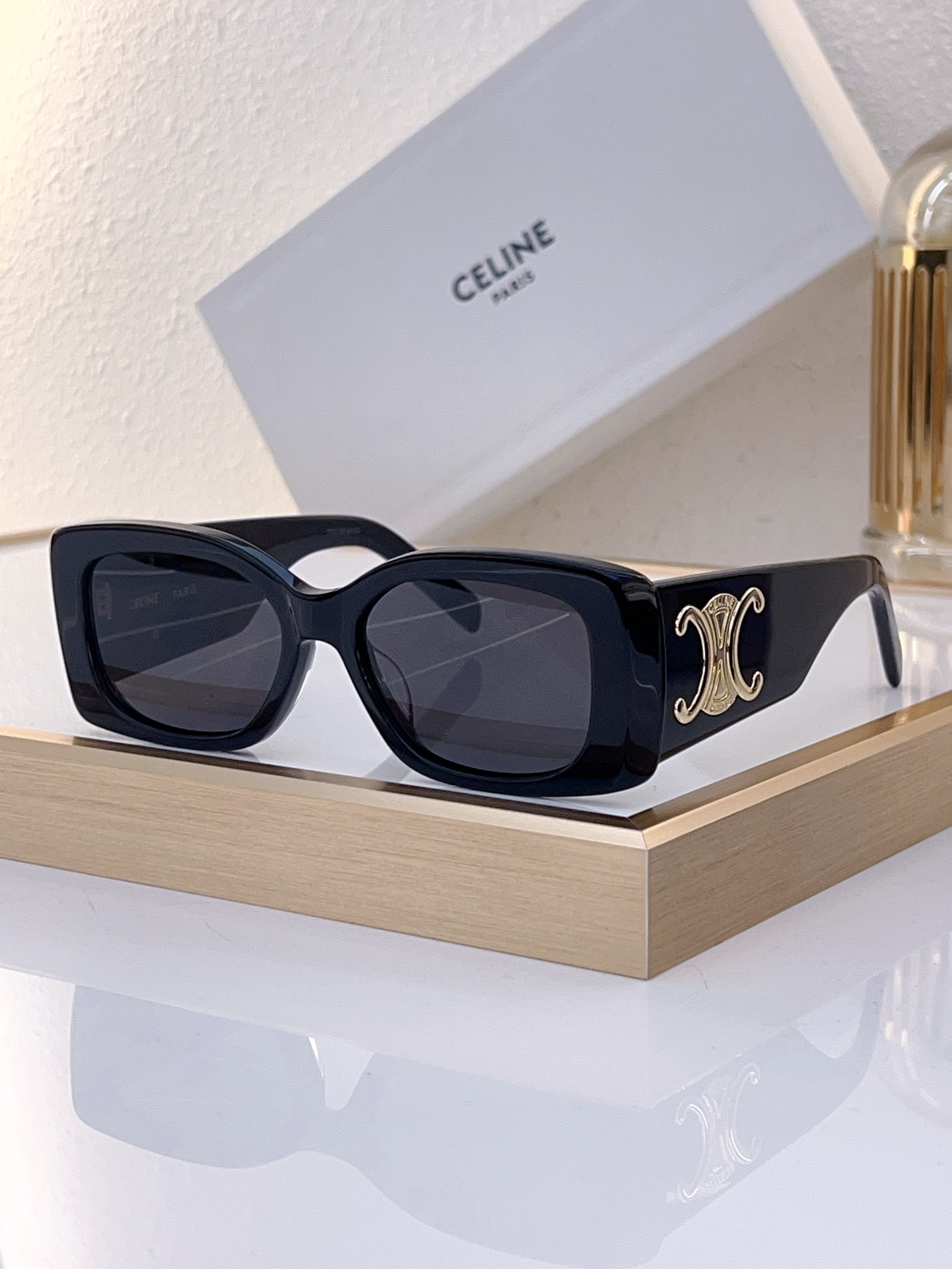 Celine Square Acetate Sunglasses with Gold Triomphe Accents (Model: CL4066)