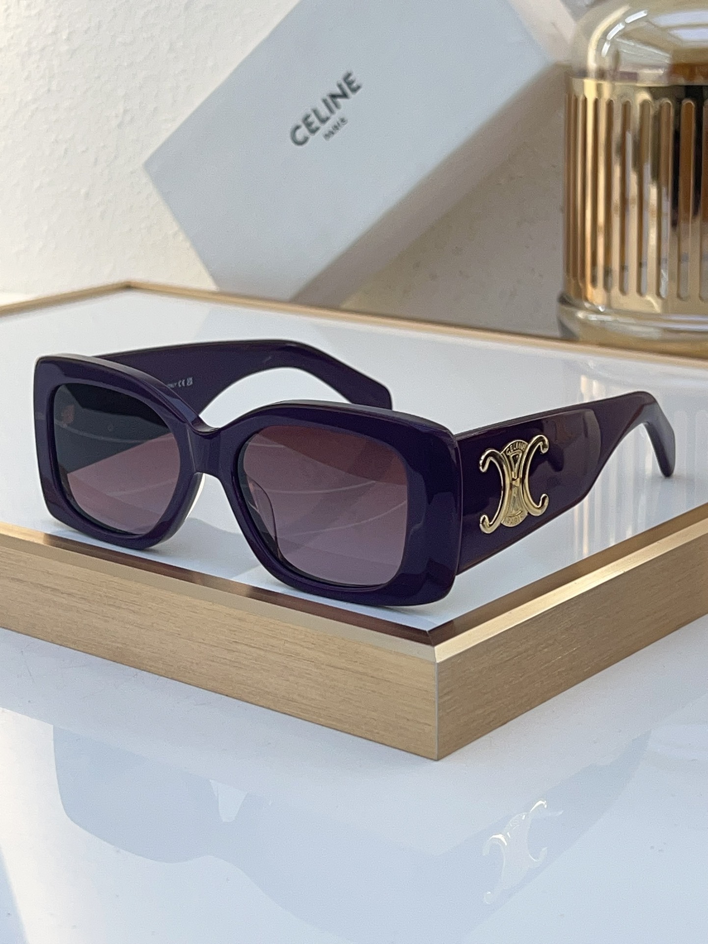 Celine Square Acetate Sunglasses with Gold Triomphe Accents (Model: CL4065)