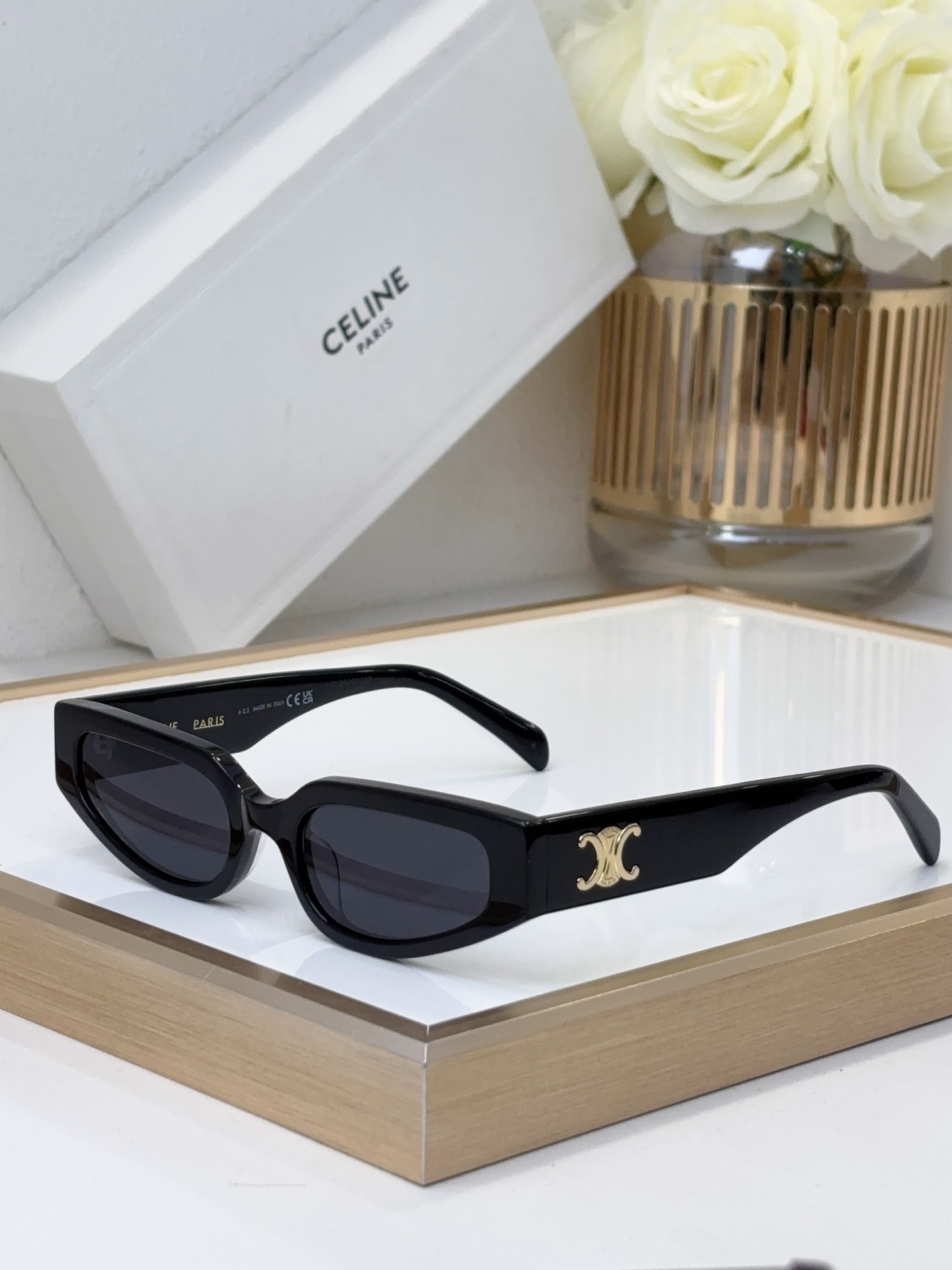 Celine Retro Rectangular Sunglasses with Gold Triomphe Accents (Model: CL4063)