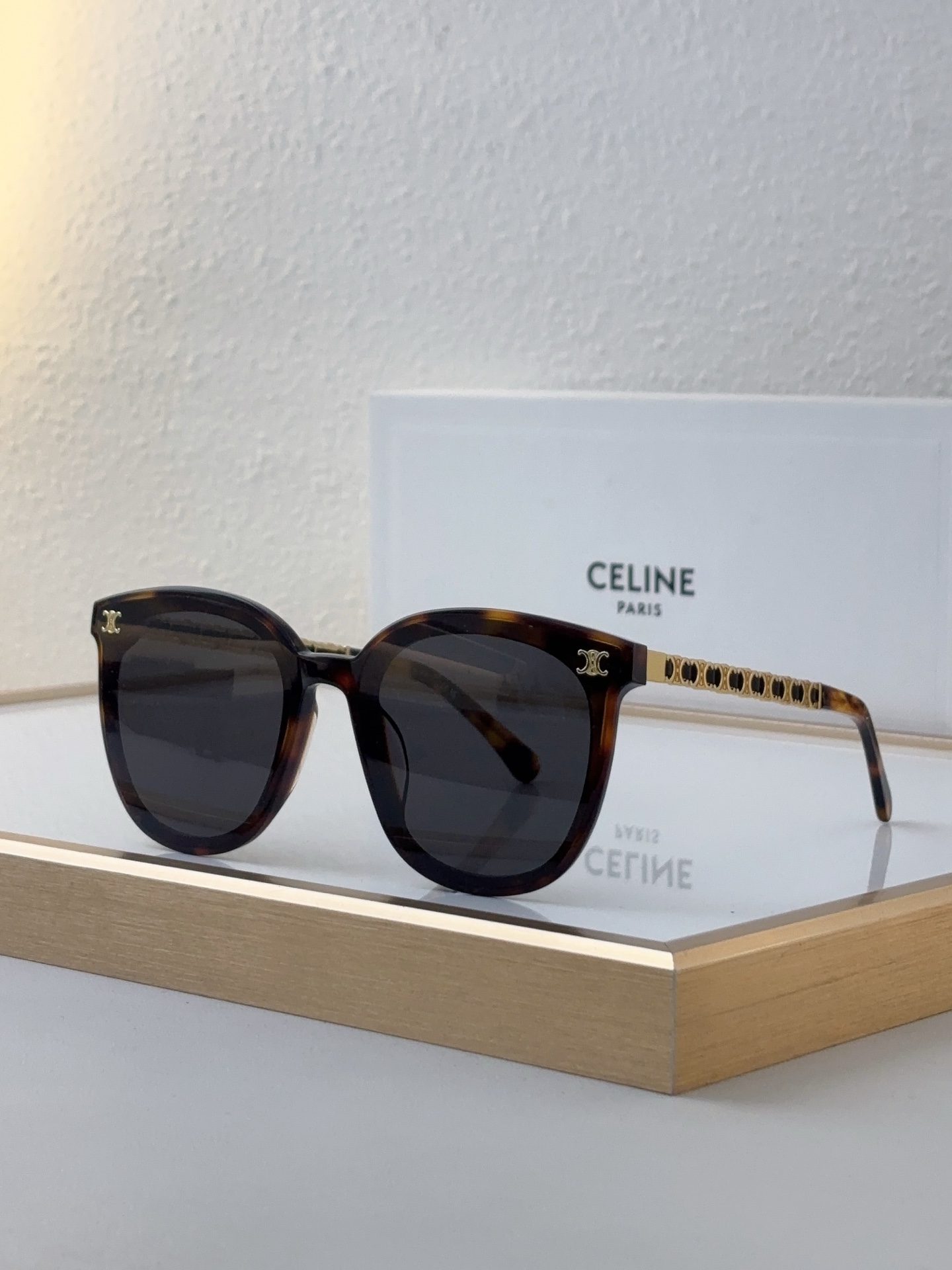 Celine Square Sunglasses with Tortoiseshell Acetate & Gold Triomphe Chain Detailing (Model: CL4062)