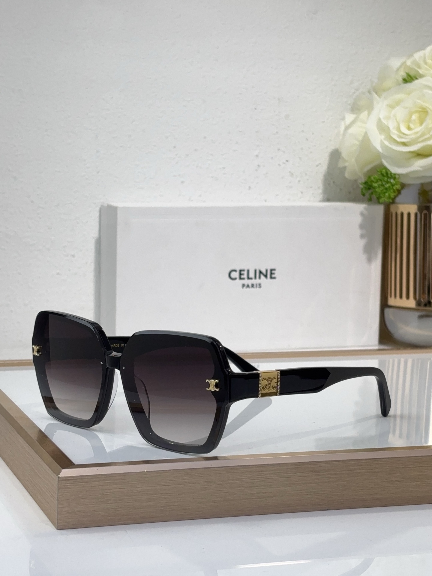 Celine Bold Square Sunglasses with Gold Triomphe Accents (Model: CL4058)