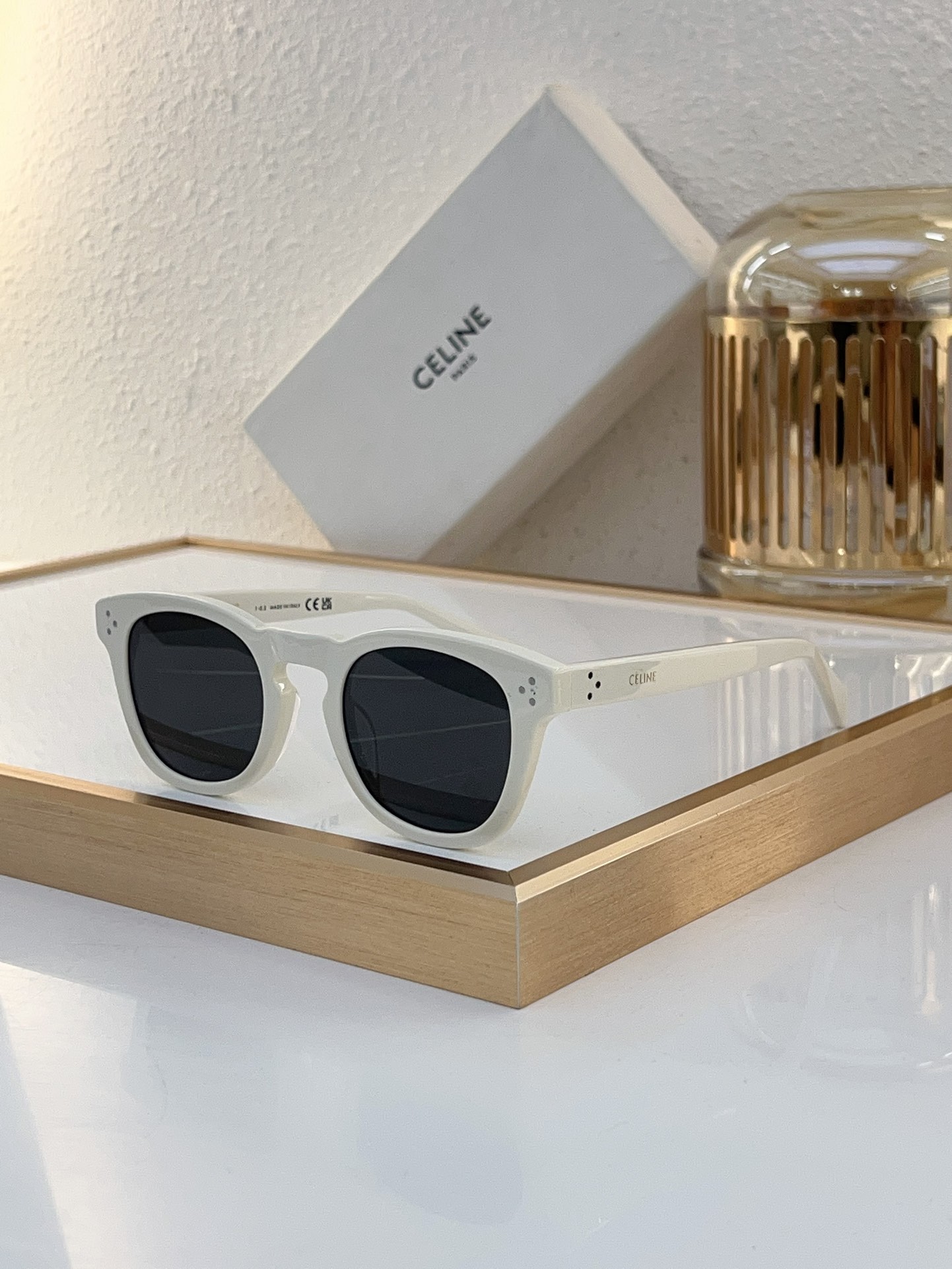 Celine Square Sunglasses with White Acetate & Dot Detailing (Model: CL4049)